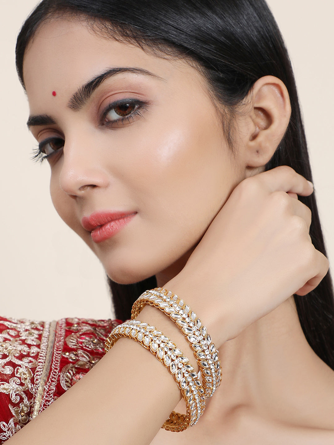 Women's Pack Of 2 Gold-Plated & White Ad-Studded Kada Bangle