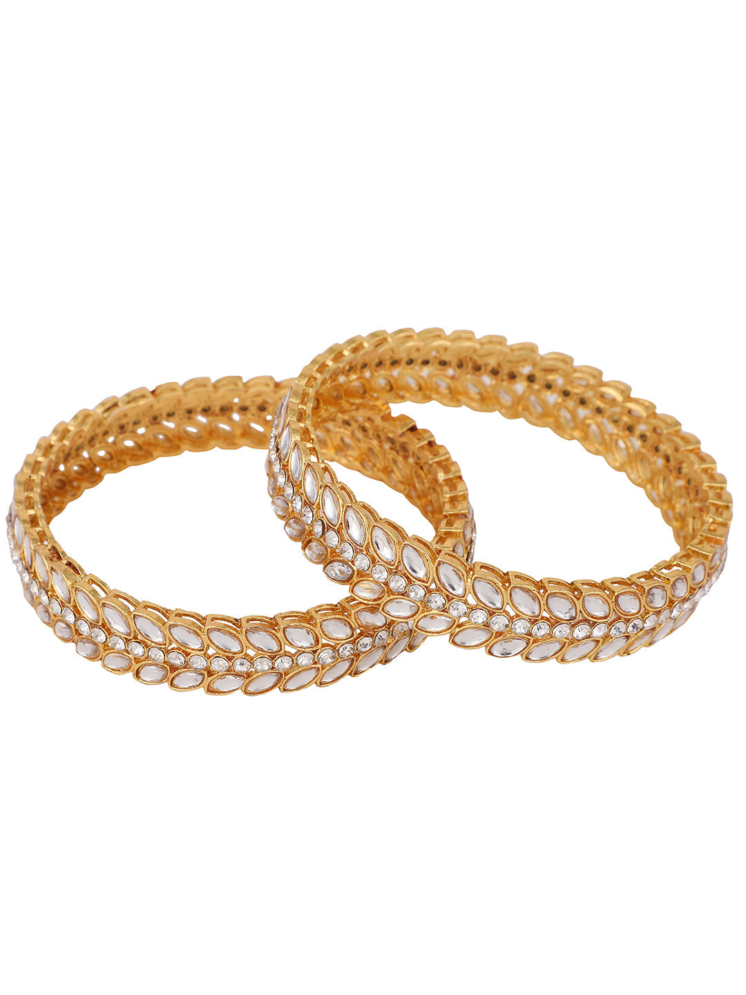 Women's Pack Of 2 Gold-Plated & White Ad-Studded Kada Bangle