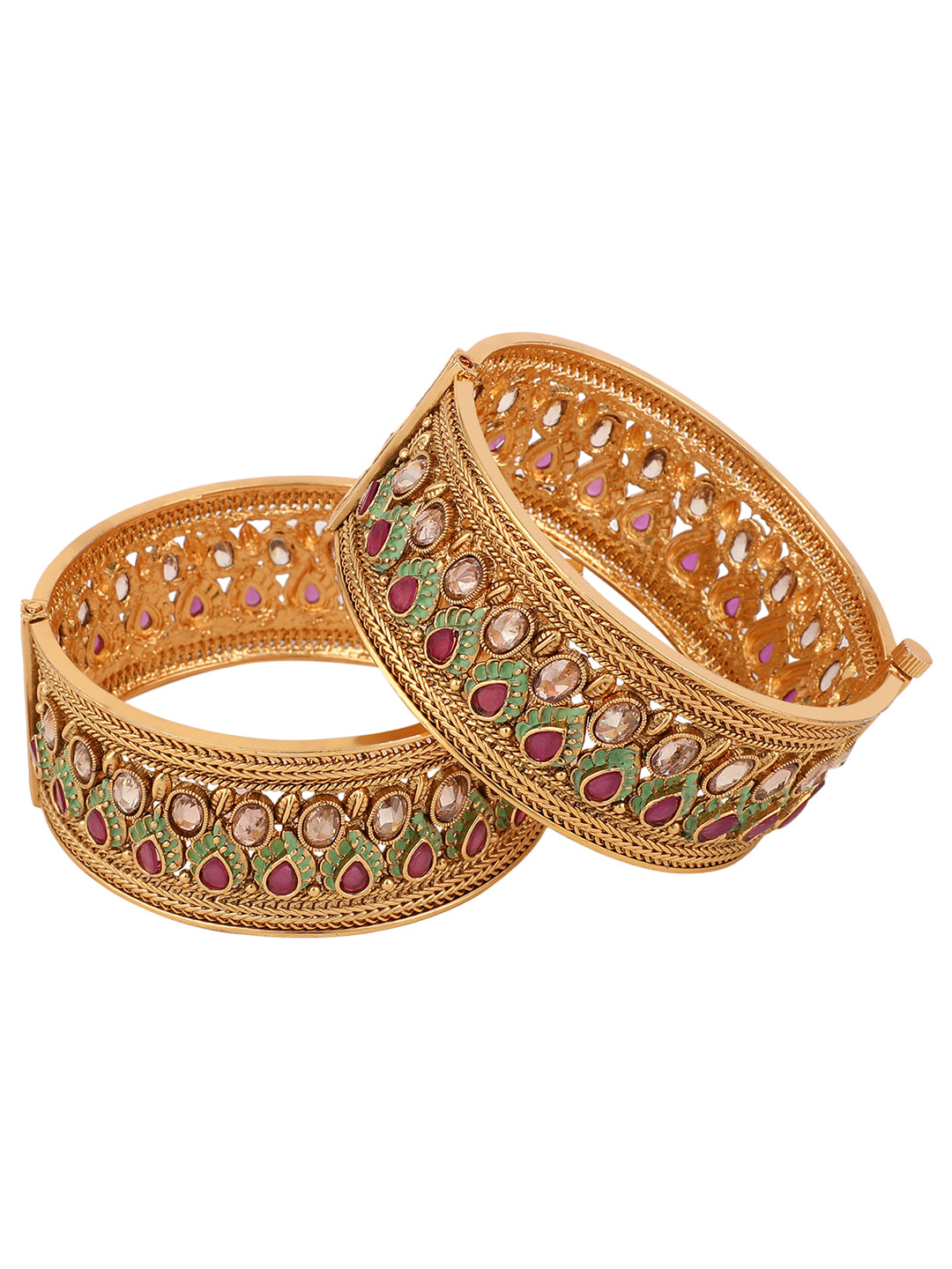 Women's Set Of 2 24 CT Gold-Plated & Red Stone-Studded Enamelled Meenakari Bangles - Anikas Creation