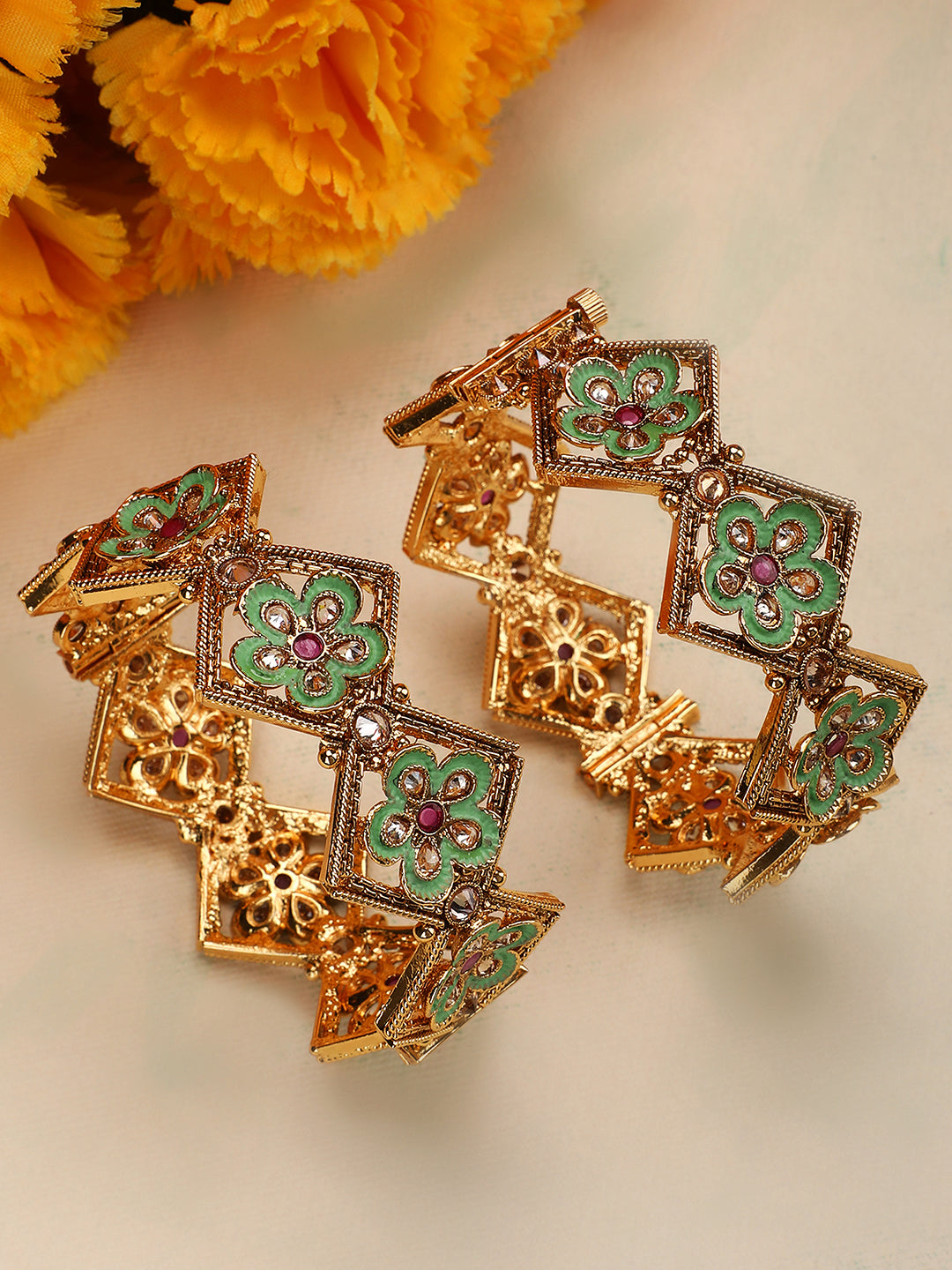 Women's  Set of 2 24k Gold-Plated Mint Enamelled  Designer Bangles - Anikas Creation