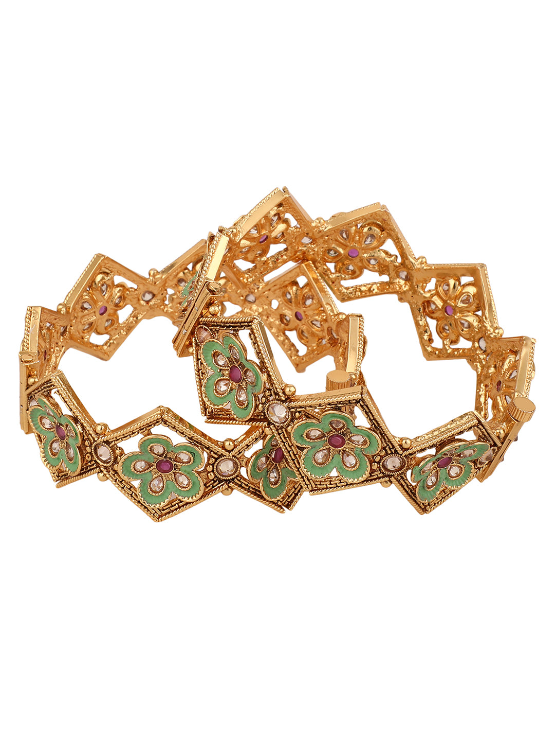 Women's  Set of 2 24k Gold-Plated Mint Enamelled  Designer Bangles - Anikas Creation