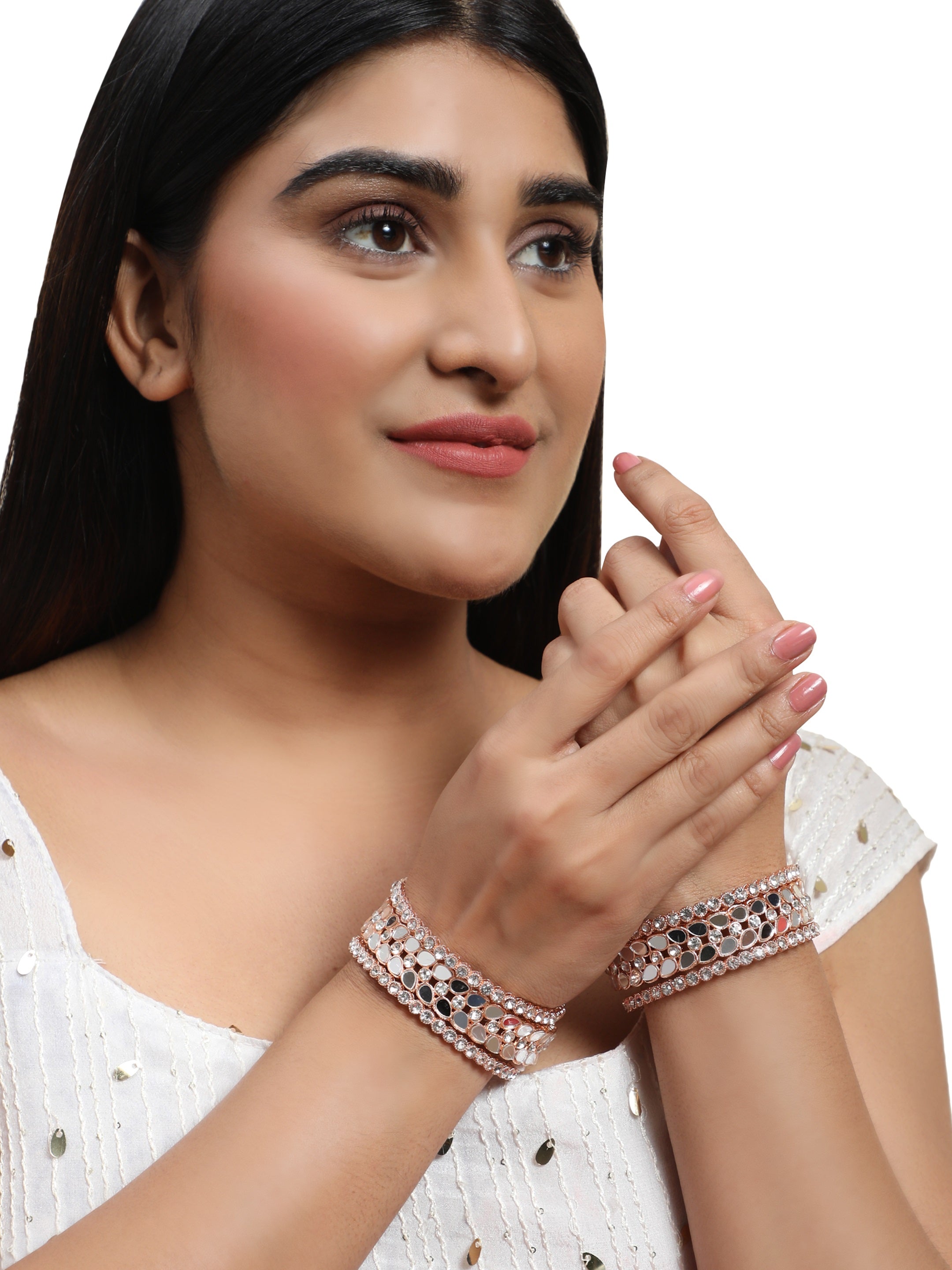Women's Set Of 6 Gold-Plated White Mirror Studded Bangles - Anikas Creation