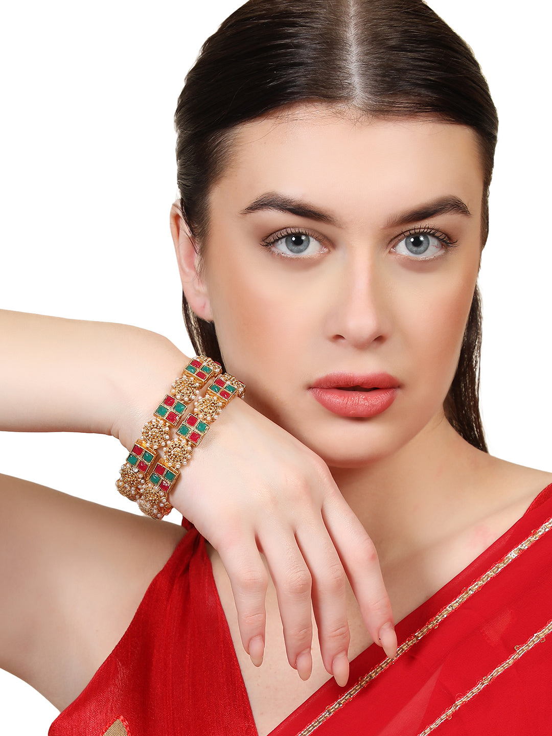 Women's Set Of Two 22K Gold-Plated Red & Green Stone Studded Square Pattern Handcrafted Bangles - Anikas Creation