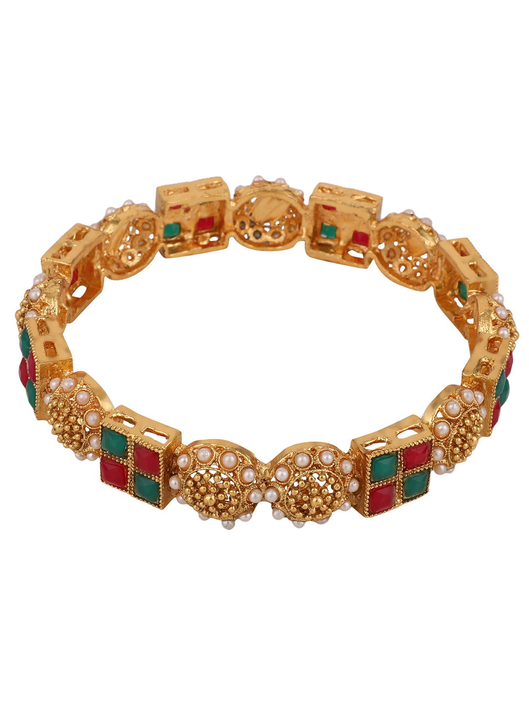 Women's Set Of Two 22K Gold-Plated Red & Green Stone Studded Square Pattern Handcrafted Bangles - Anikas Creation