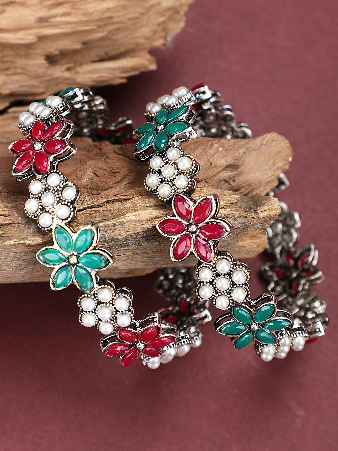 Women's Set Of 2 Oxidised Floral Shaped Silver-Plated Pink and Green Studded Handcrafted Bangles - Anikas Creation