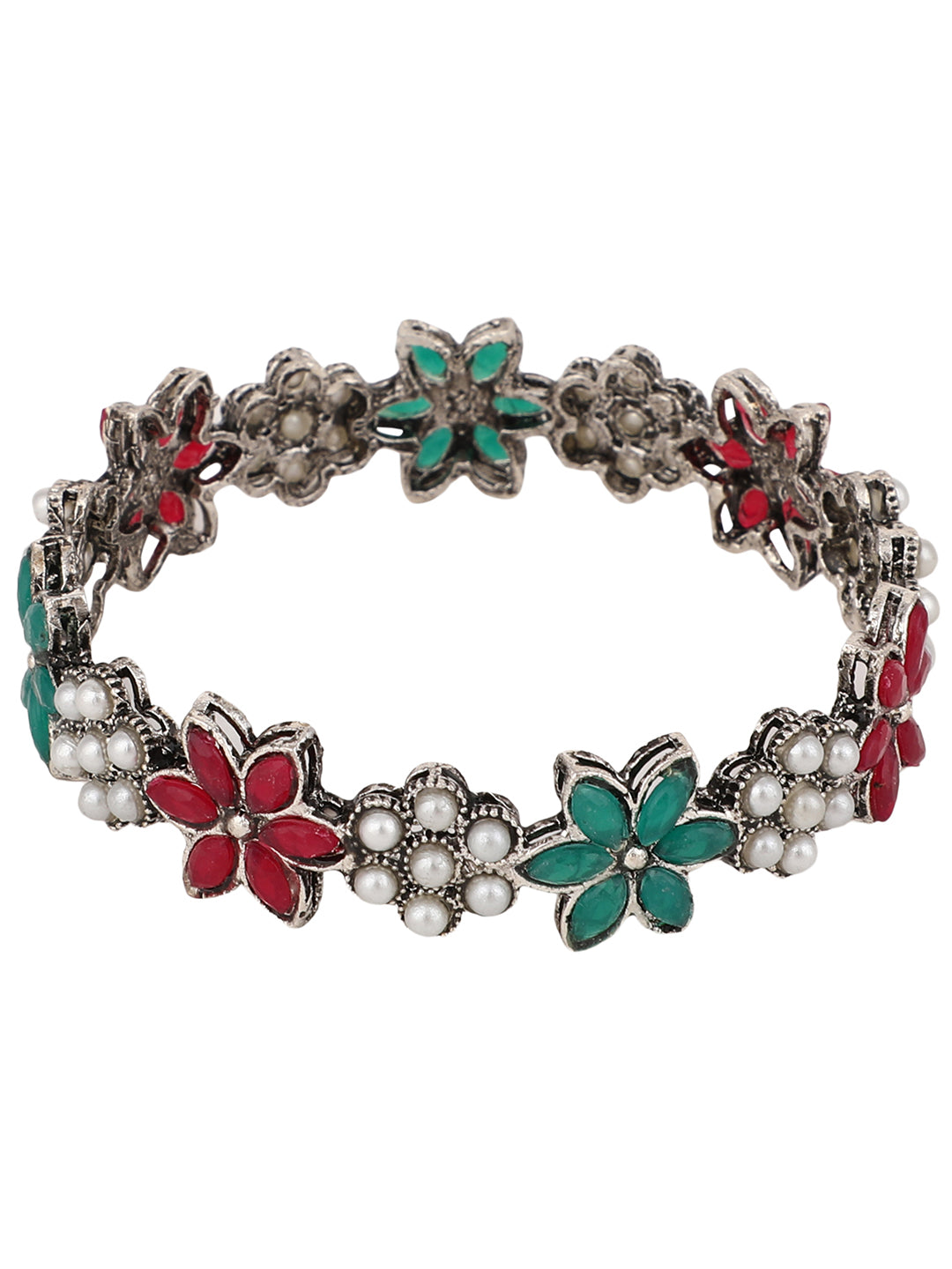 Women's Set Of 2 Oxidised Floral Shaped Silver-Plated Pink and Green Studded Handcrafted Bangles - Anikas Creation