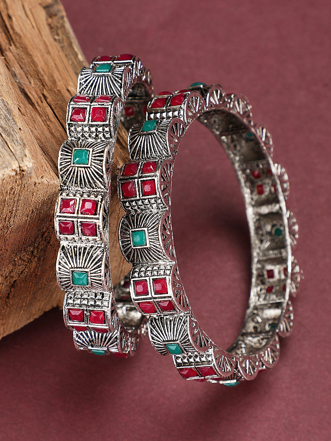 Women's Set of 2 Silver Oxidised Curved Designed Red and Green Stone Studded Bangles - Anikas Creation