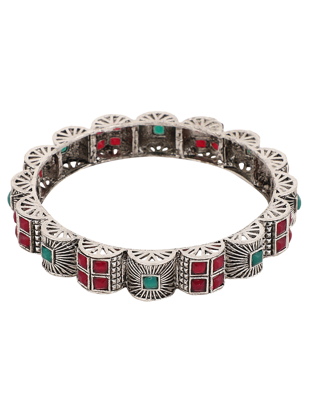Women's Set of 2 Silver Oxidised Curved Designed Red and Green Stone Studded Bangles - Anikas Creation