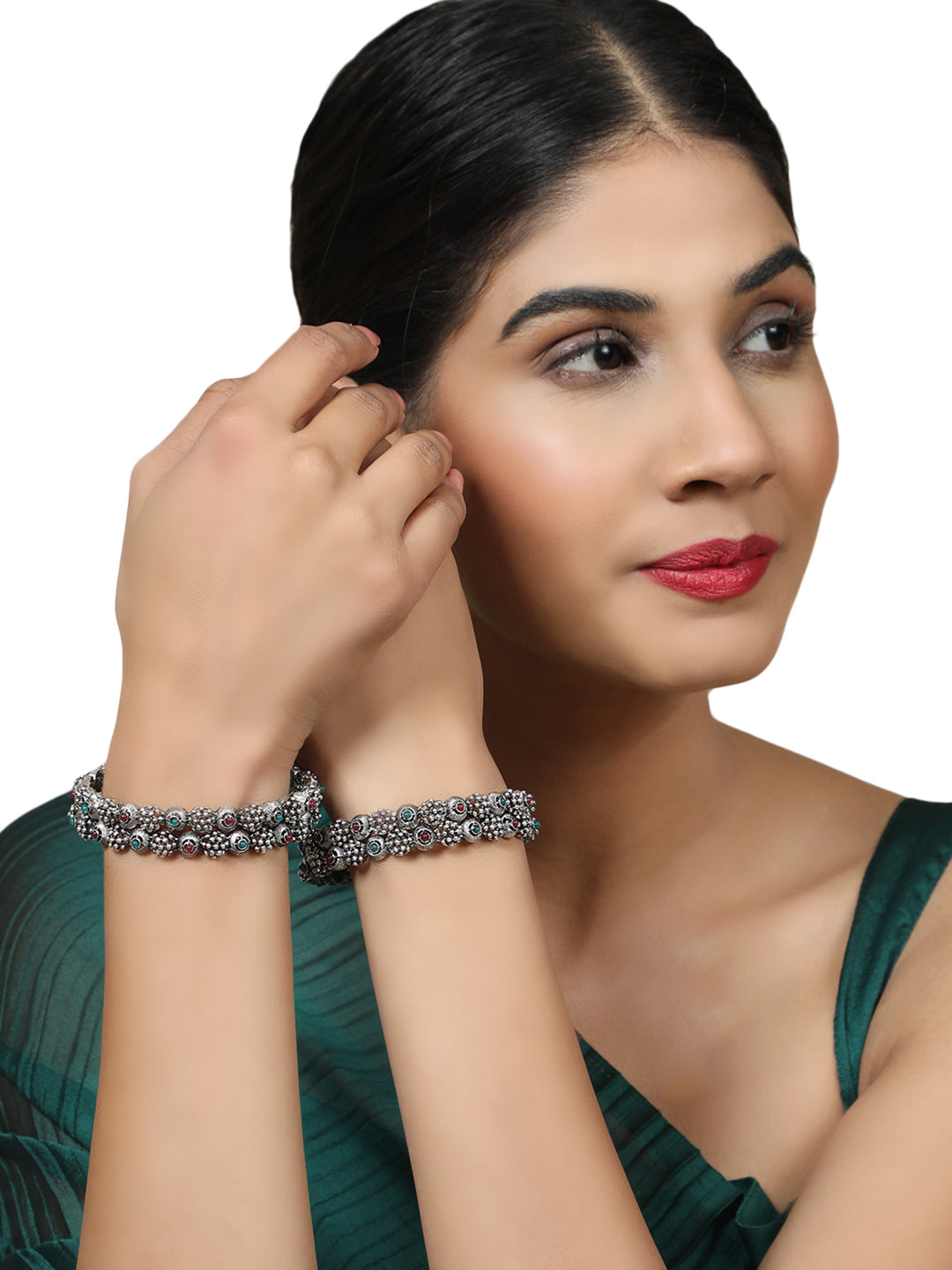 Women's Set Of 4 Oxidised Silver-Plated Pink Ruby and Green Stone Studded Handcrafted Bangles - Anikas Creation