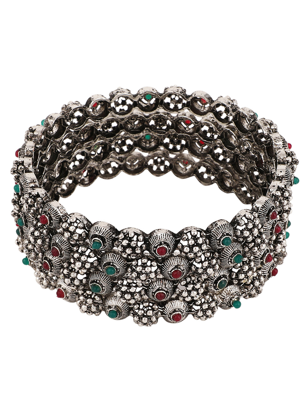 Women's Set Of 4 Oxidised Silver-Plated Pink Ruby and Green Stone Studded Handcrafted Bangles - Anikas Creation