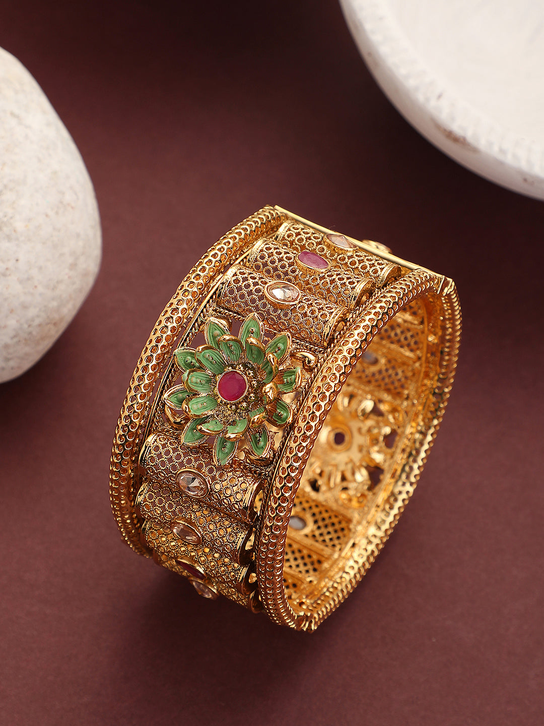 Women's Traditional Copper Floral Shape Enamelled Openable Kada Bracelet Bangle - Anikas Creation