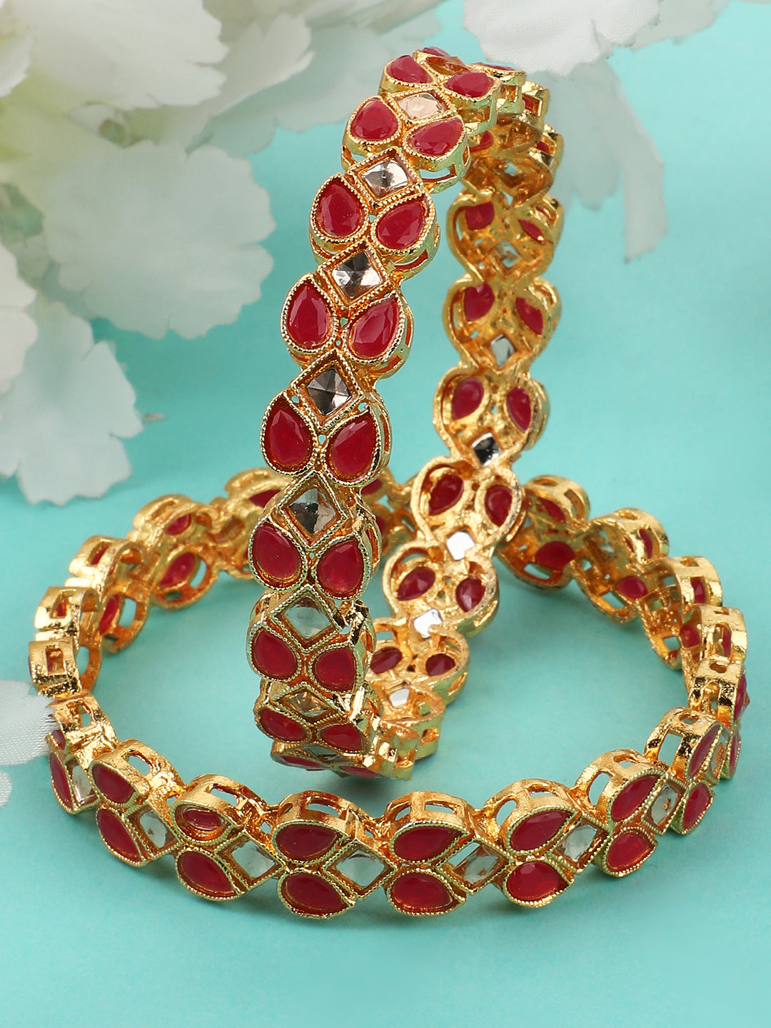 Women's/Girls Traditional Gold Plated Red Color Leaf Shaped Stone Studded Bangle Set Of 2