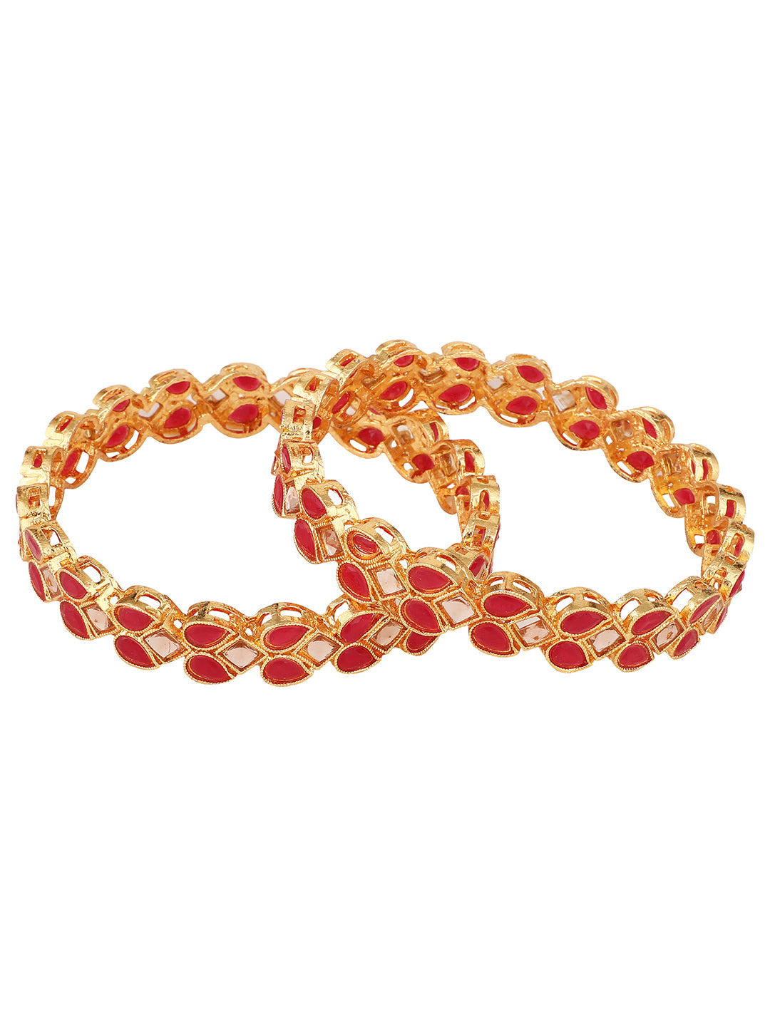 Women's/Girls Traditional Gold Plated Red Color Leaf Shaped Stone Studded Bangle Set Of 2