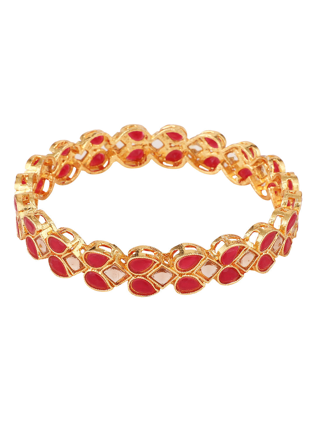 Women's/Girls Traditional Gold Plated Red Color Leaf Shaped Stone Studded Bangle Set Of 2