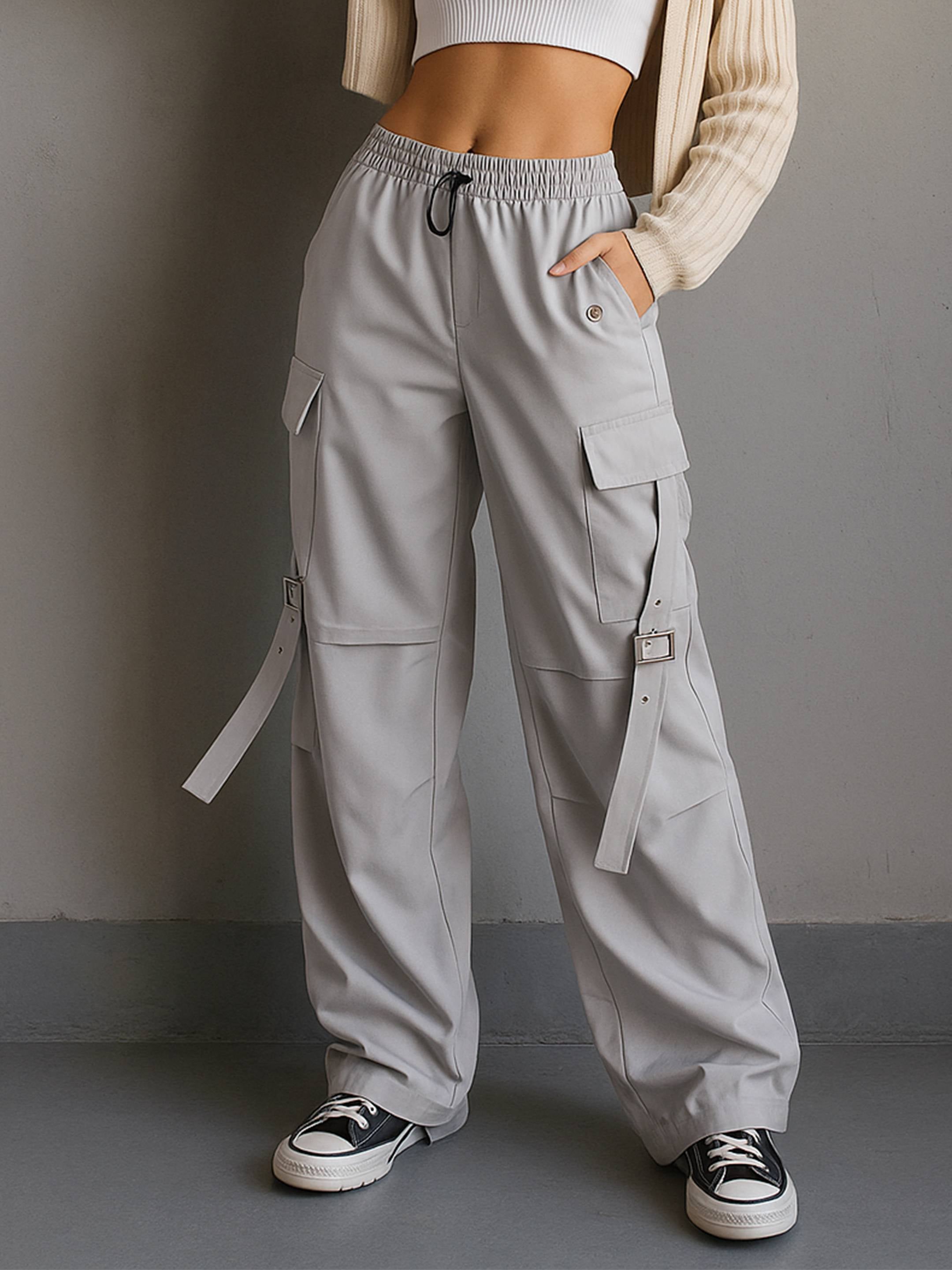 Women's Grey Parachute Side Metal Buckle Detail Cargos
