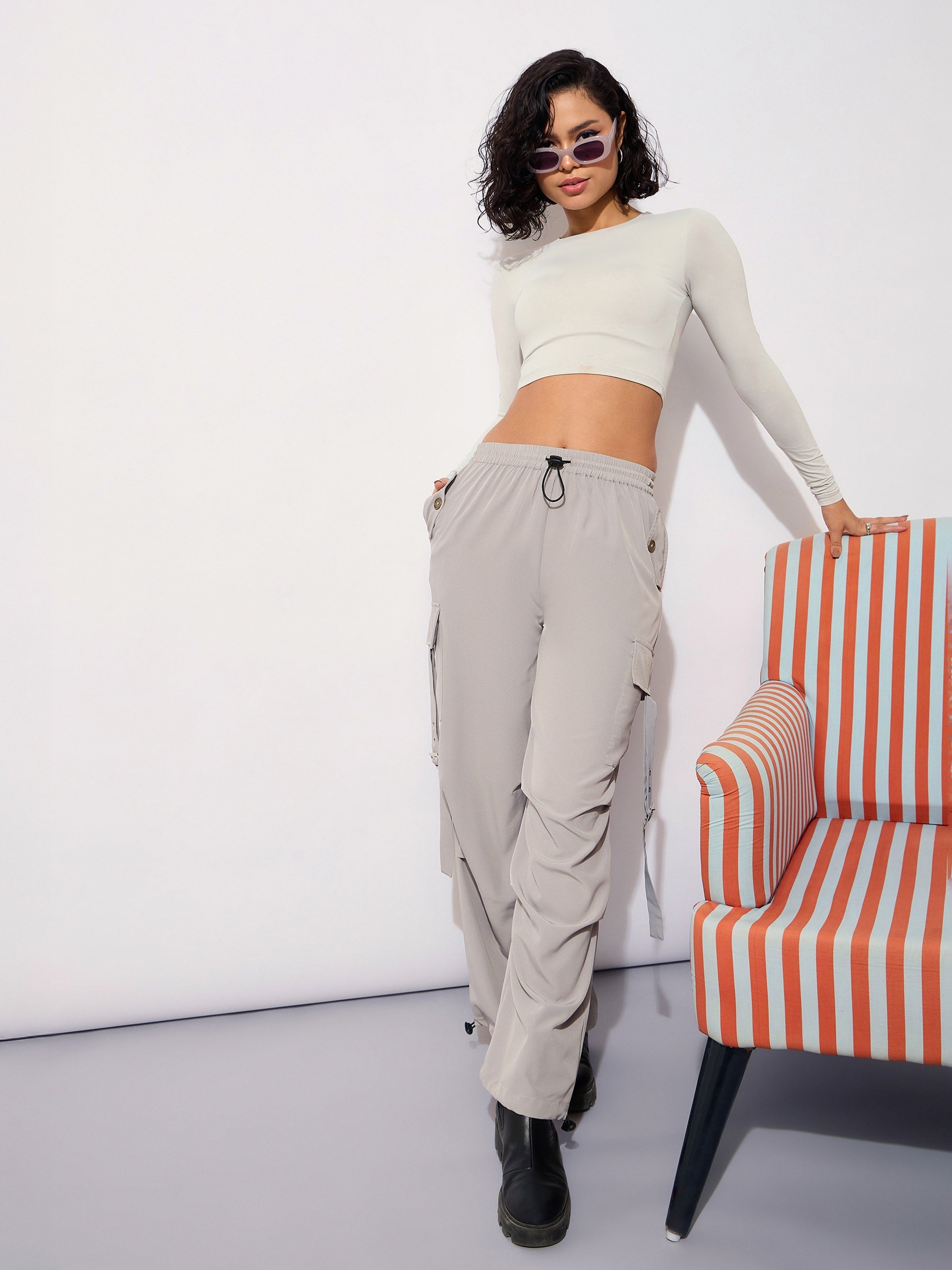 Women's Grey Parachute Side Metal Buckle Detail Cargos