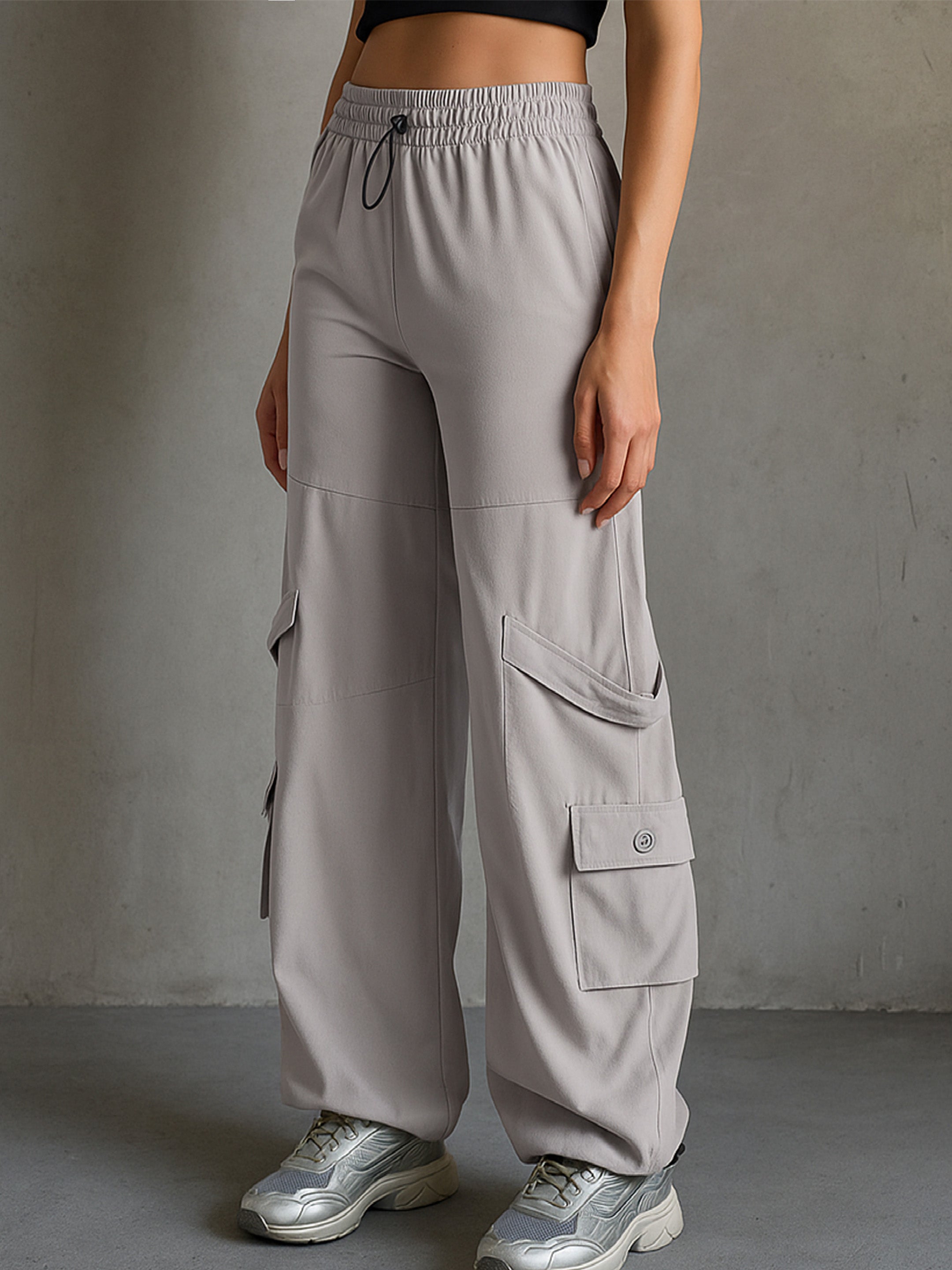 Women's Grey Parachute Hem Pockets Cargos