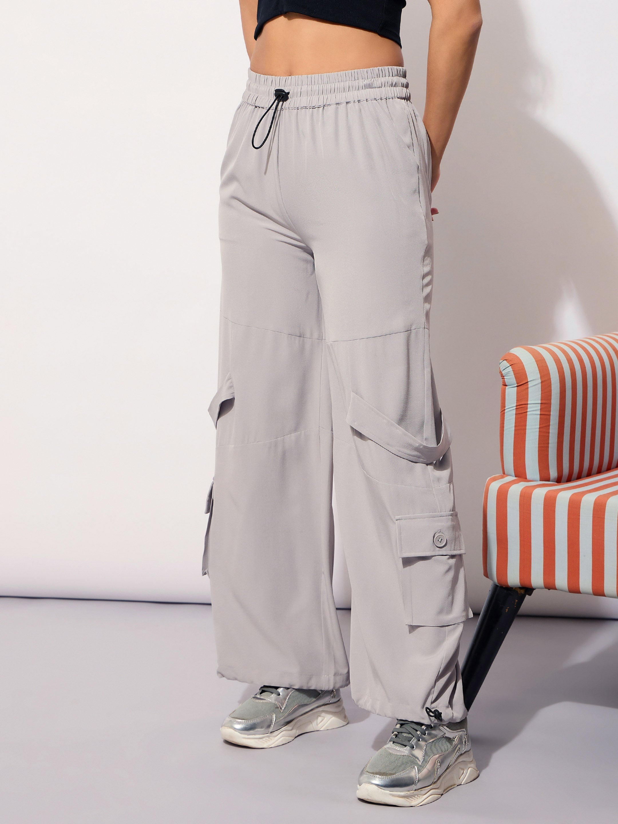 Women's Grey Parachute Hem Pockets Cargos