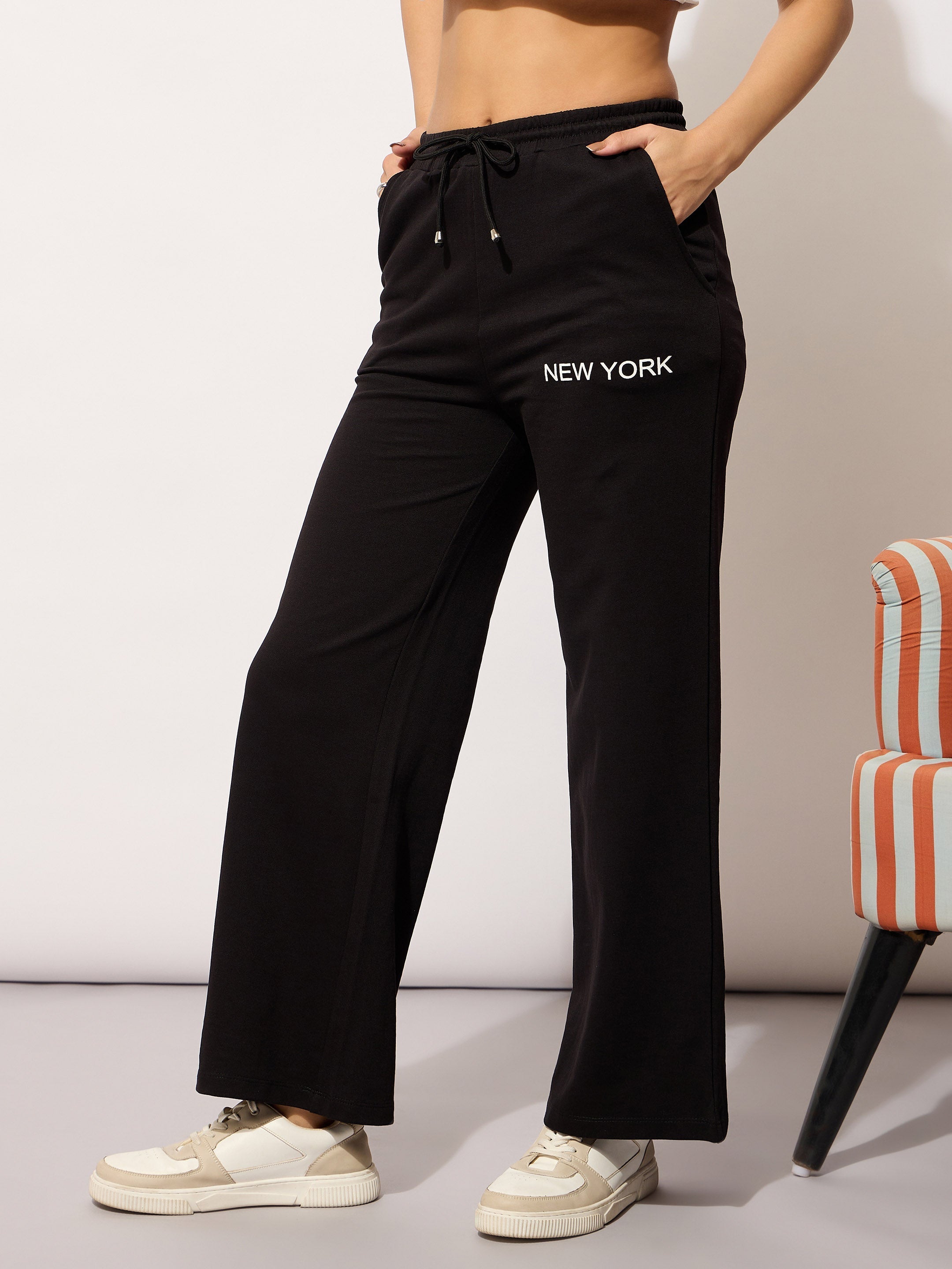 Women's Black Terry NEW YORK Print Track Pants