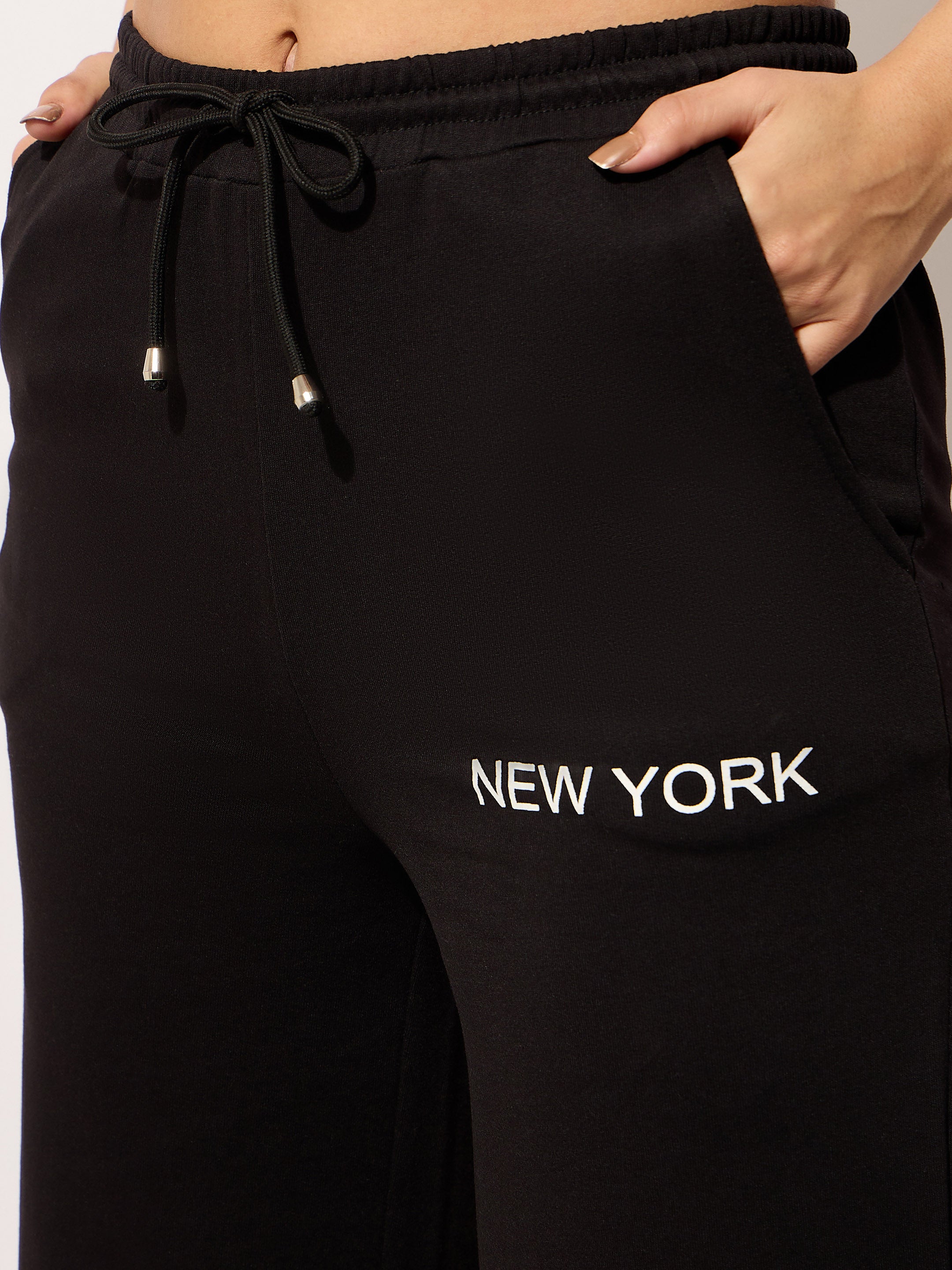 Women's Black Terry NEW YORK Print Track Pants
