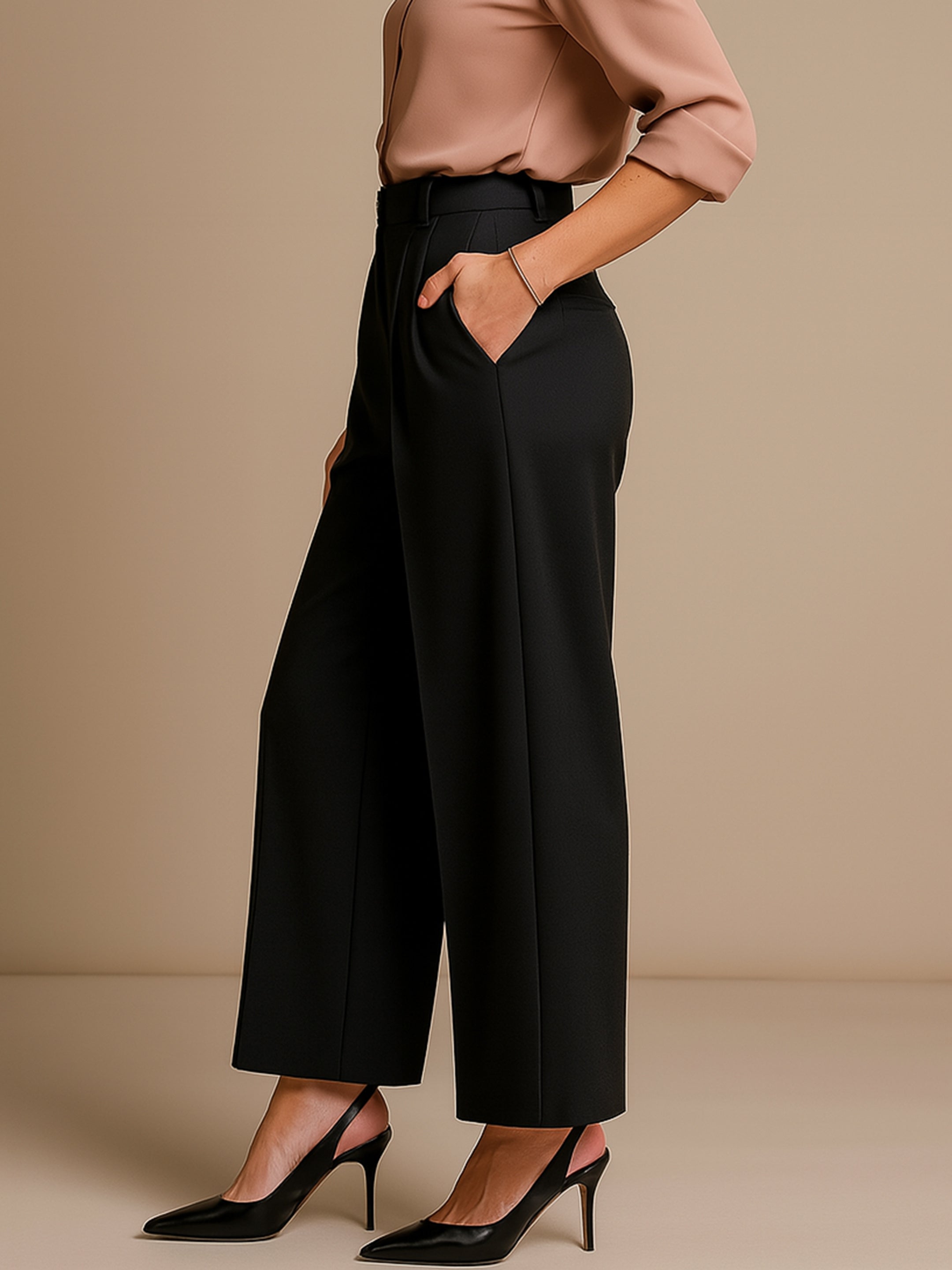 Women's Black High-Rise Front Pleated Korean Pants