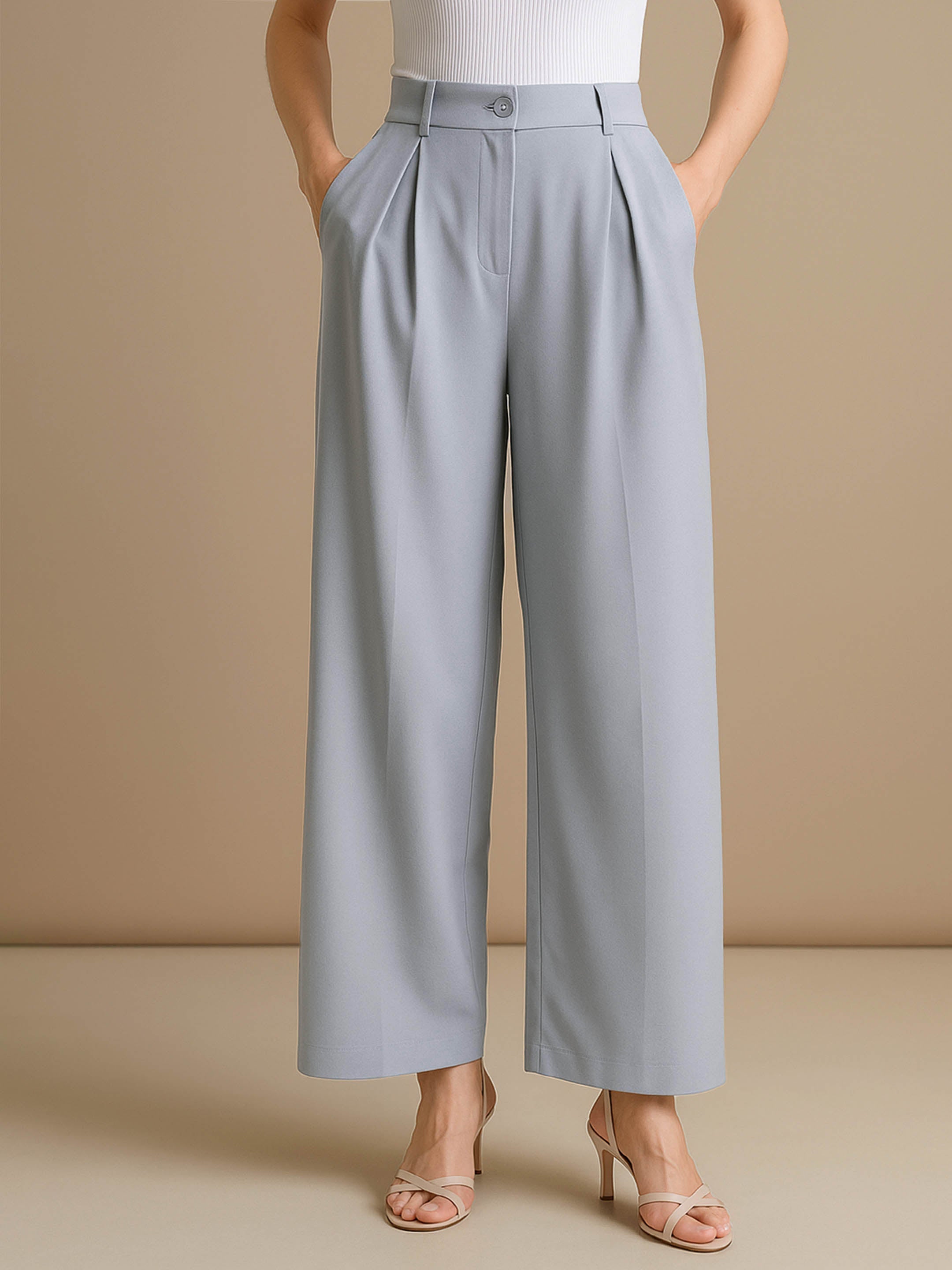Women's Grey High-Rise Front Pleated Korean Pants