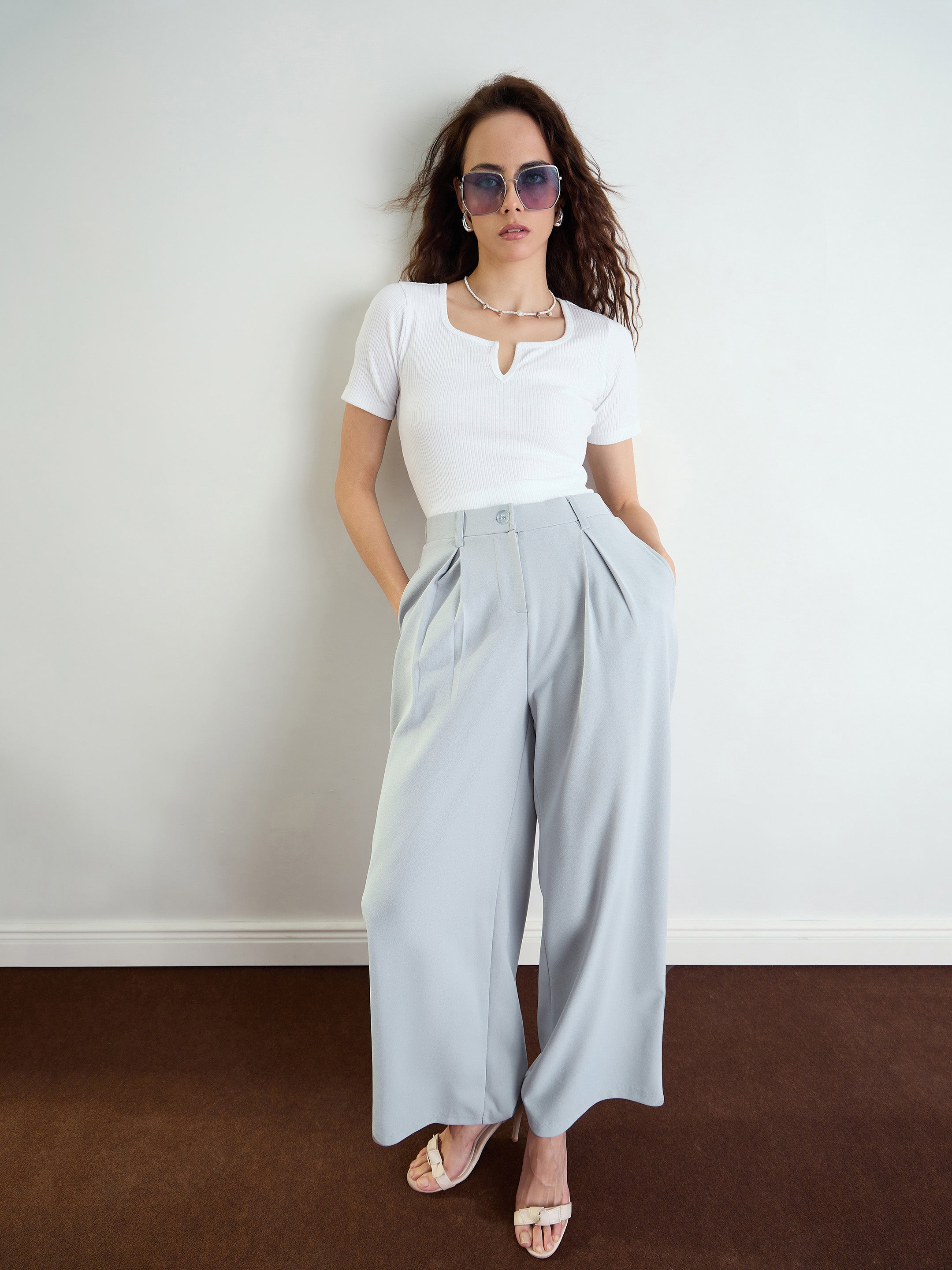 Women's Grey High-Rise Front Pleated Korean Pants