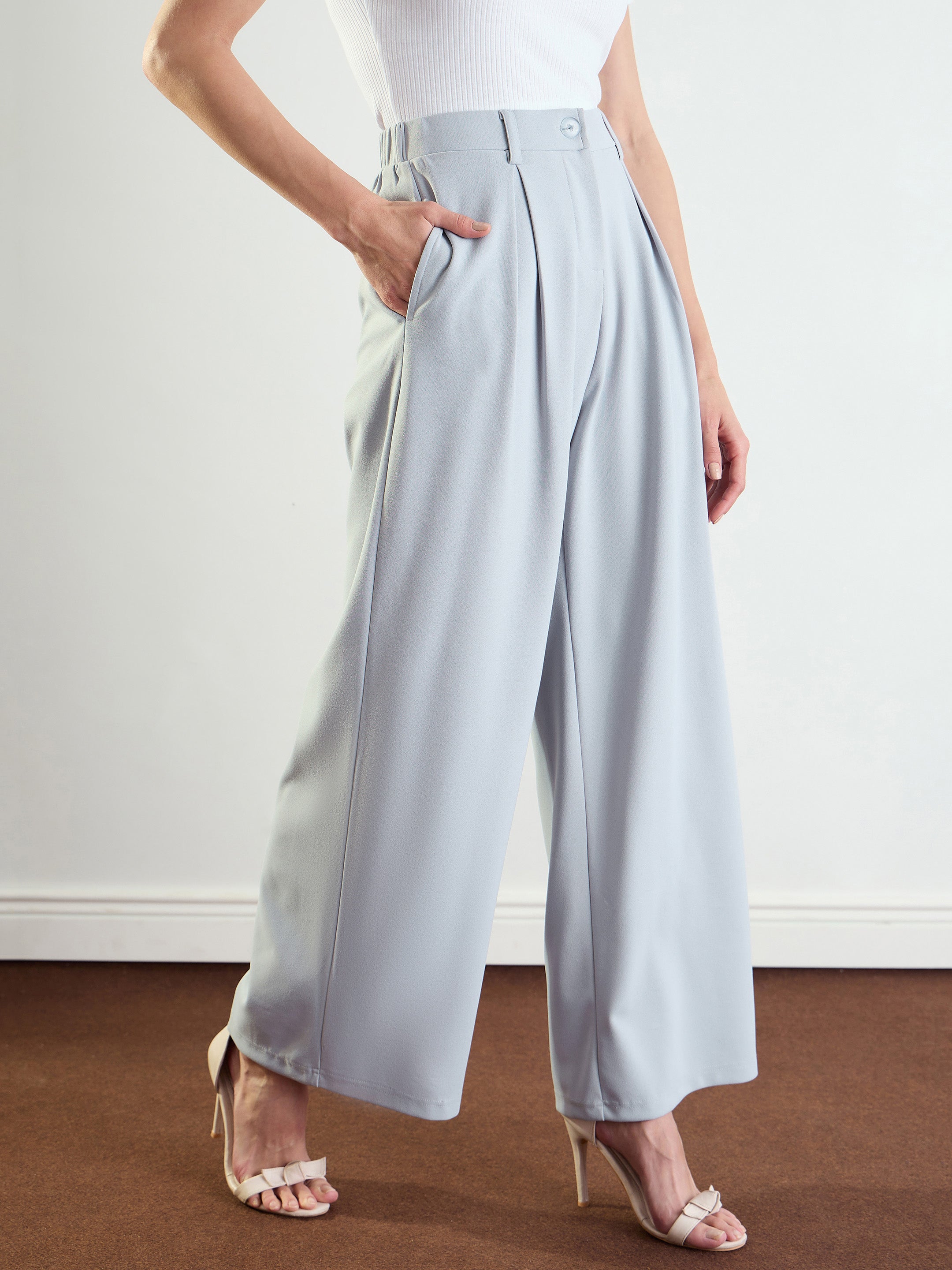 Women's Grey High-Rise Front Pleated Korean Pants