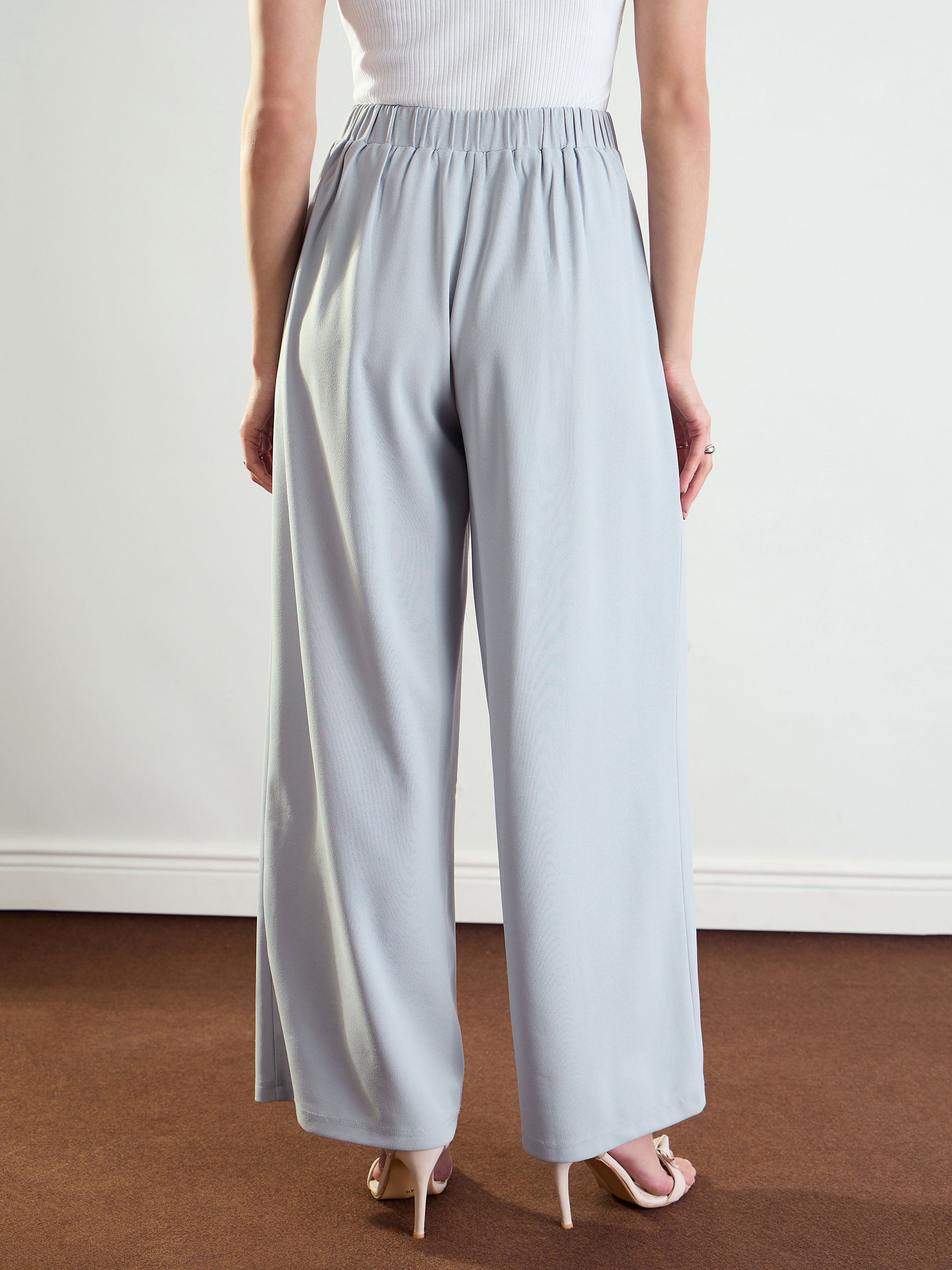 Women's Grey High-Rise Front Pleated Korean Pants