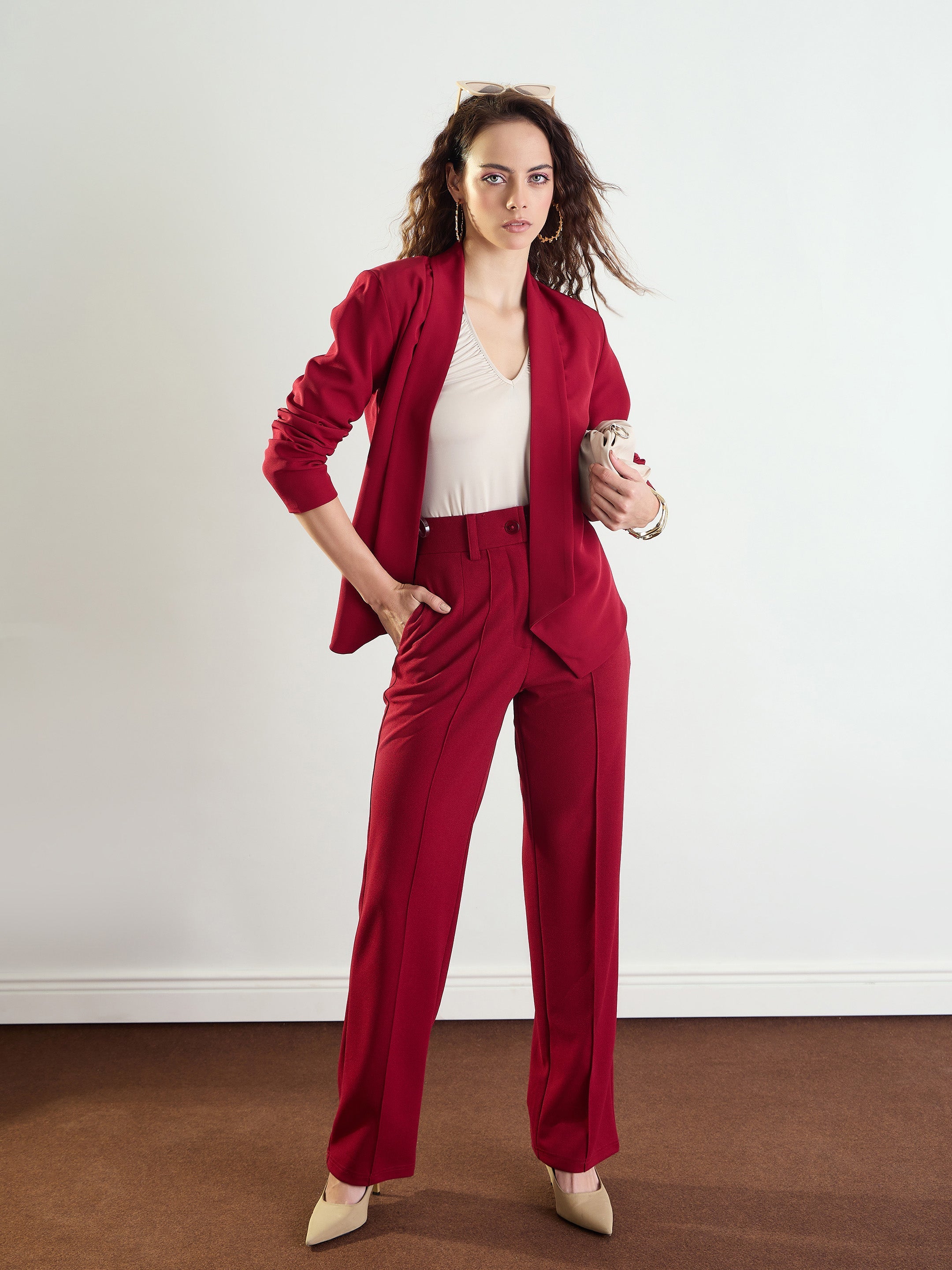 Women's Maroon Front Dart Straight Fit Pants