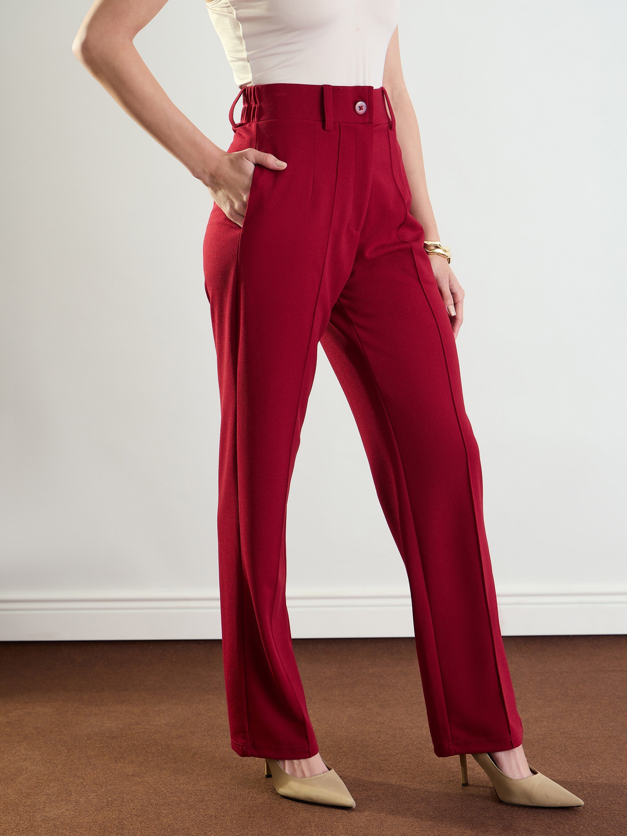 Women's Maroon Front Dart Straight Fit Pants