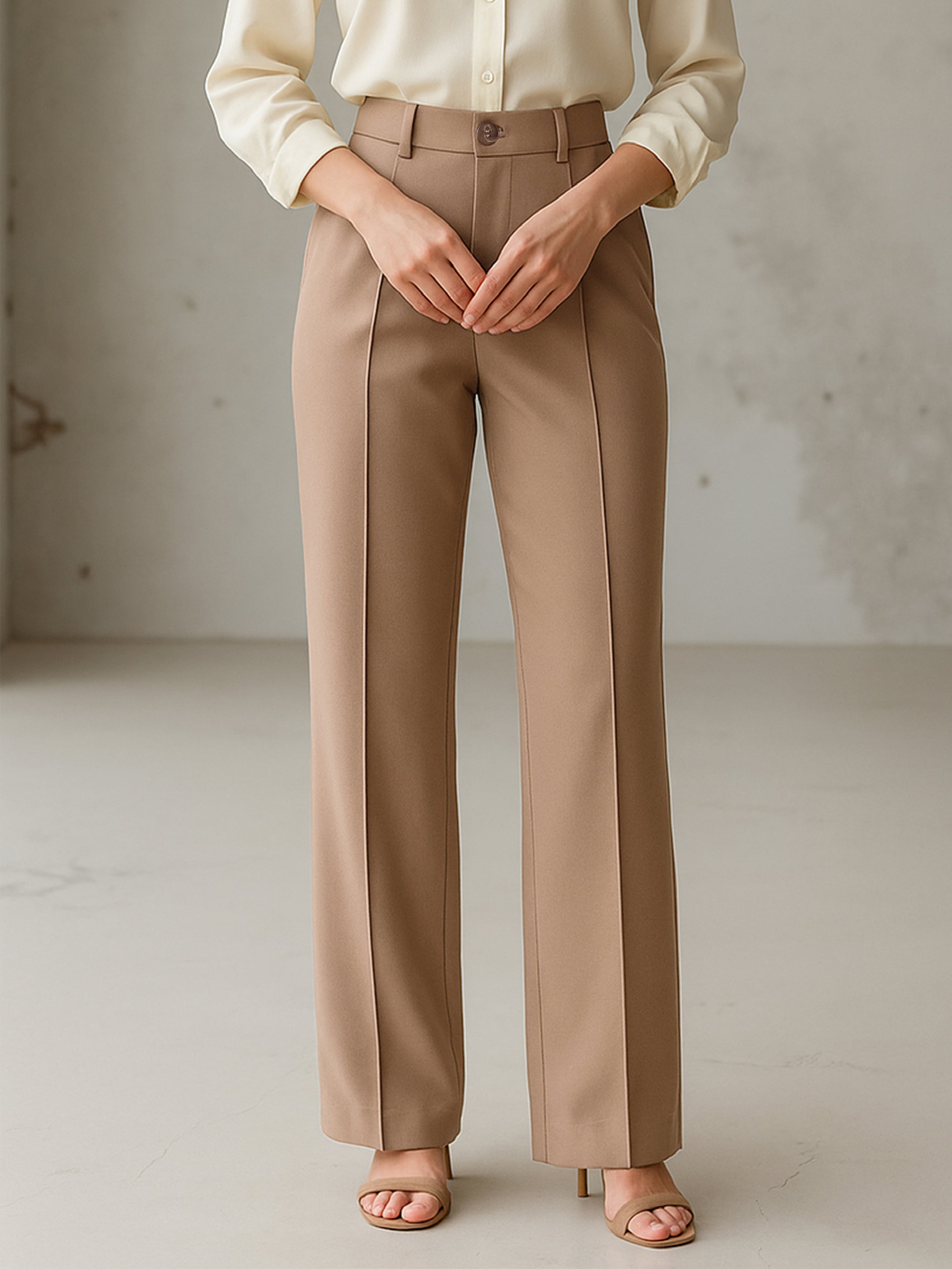 Women's Beige Front Darted Straight Fit Pants