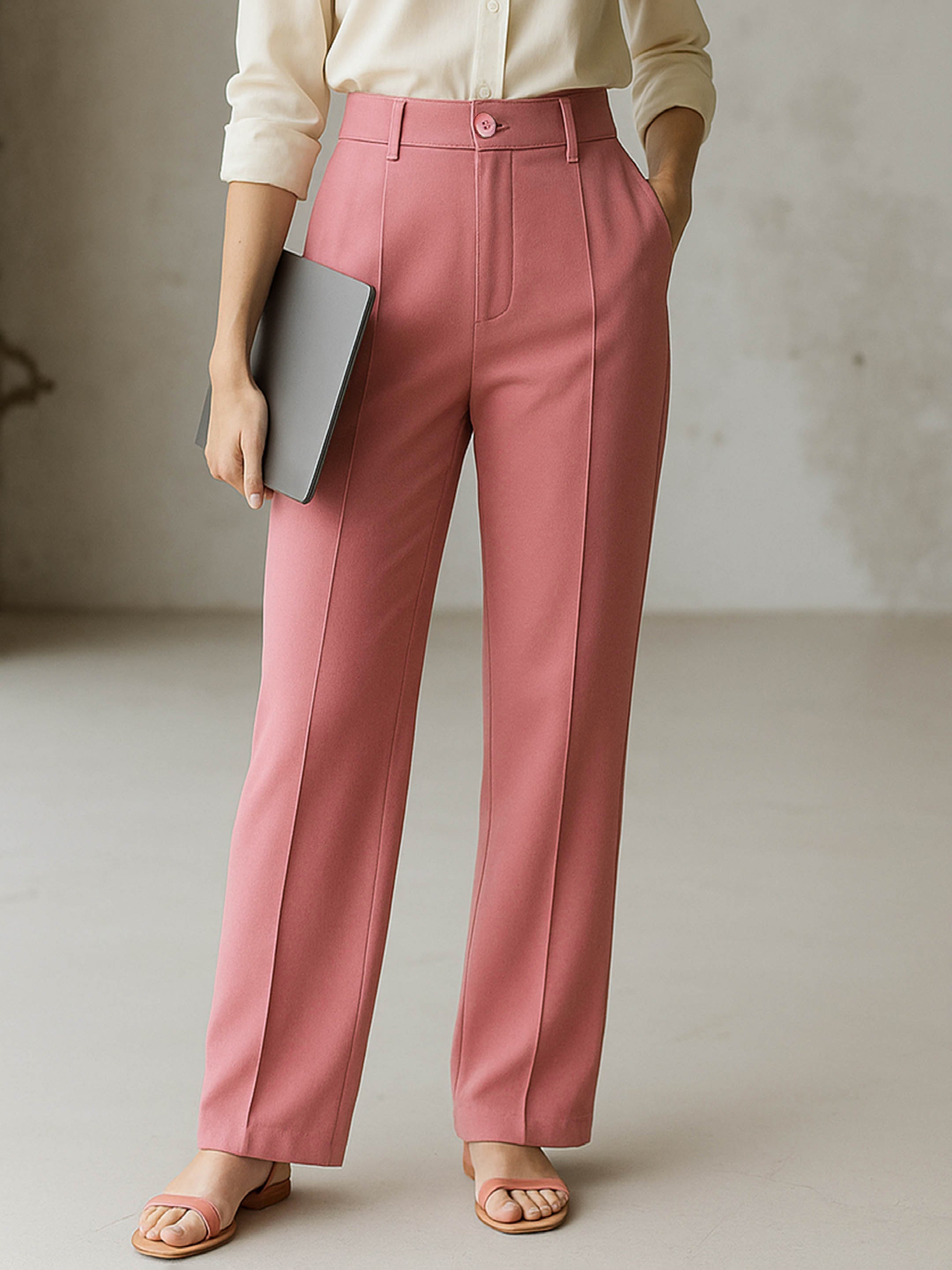 Women's Pink Front Darted Straight Fit Pants