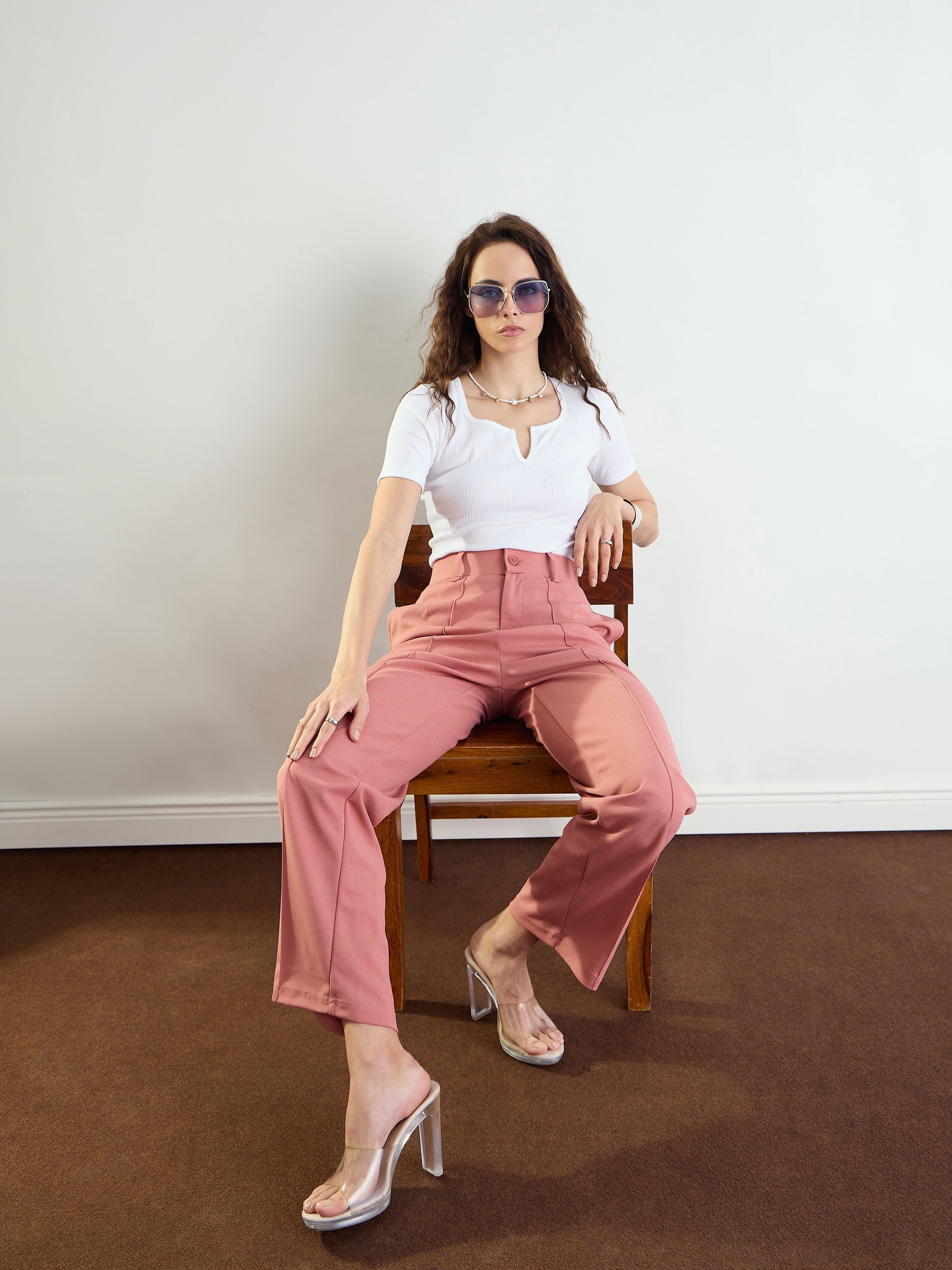 Women's Pink Front Darted Straight Fit Pants