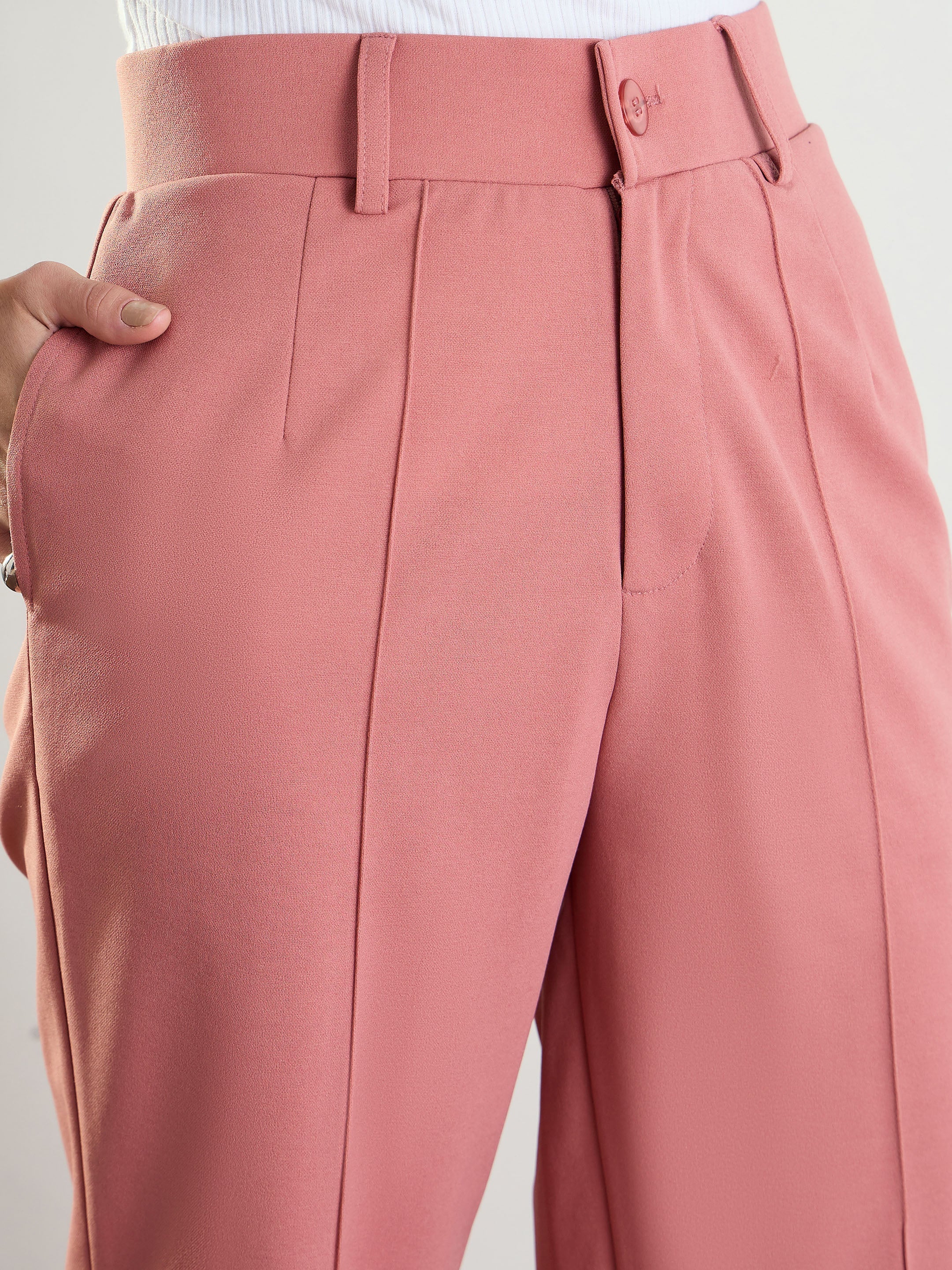 Women's Pink Front Darted Straight Fit Pants