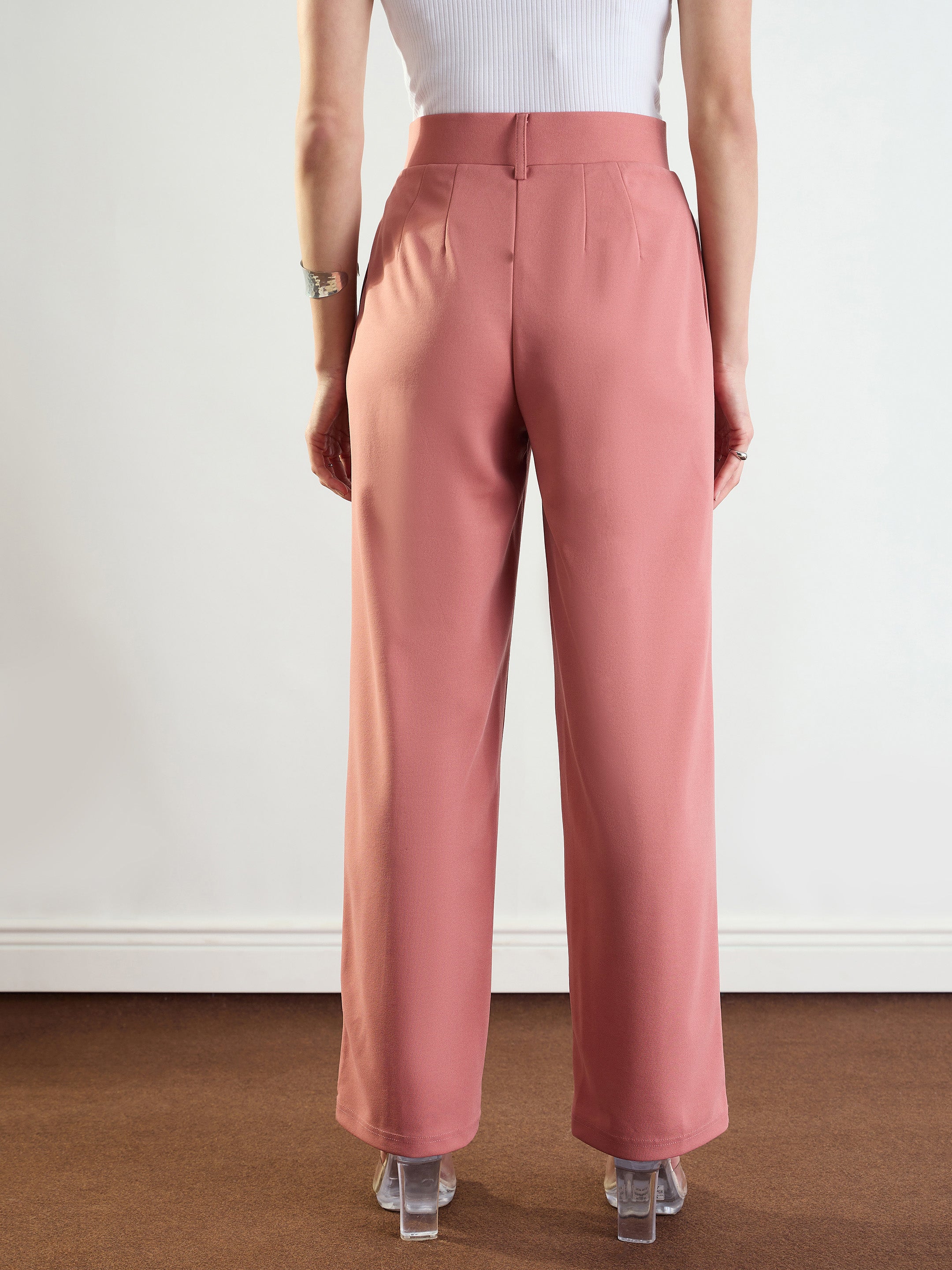 Women's Pink Front Darted Straight Fit Pants