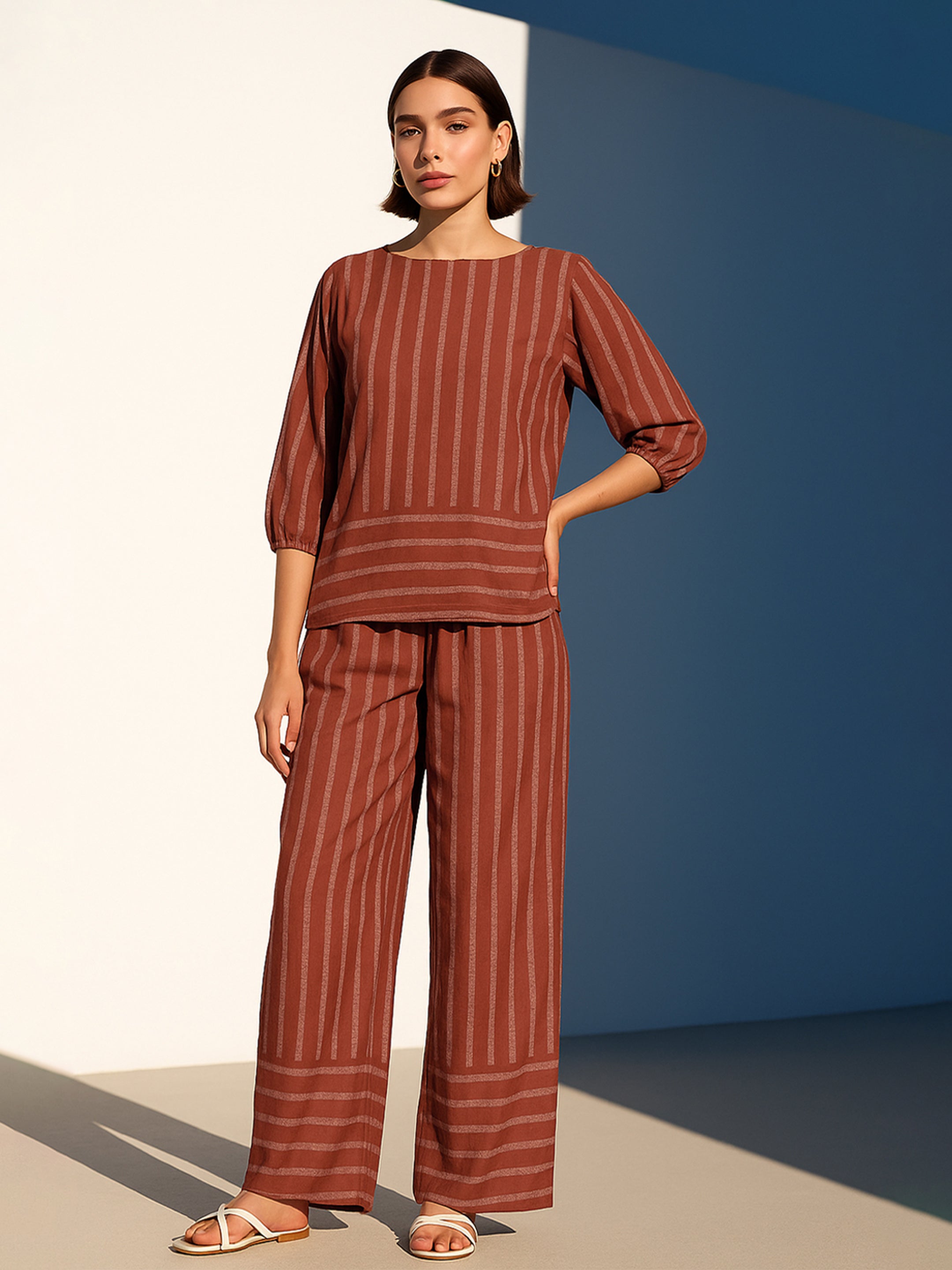 Women's Rust Stripes Print Top With Pants