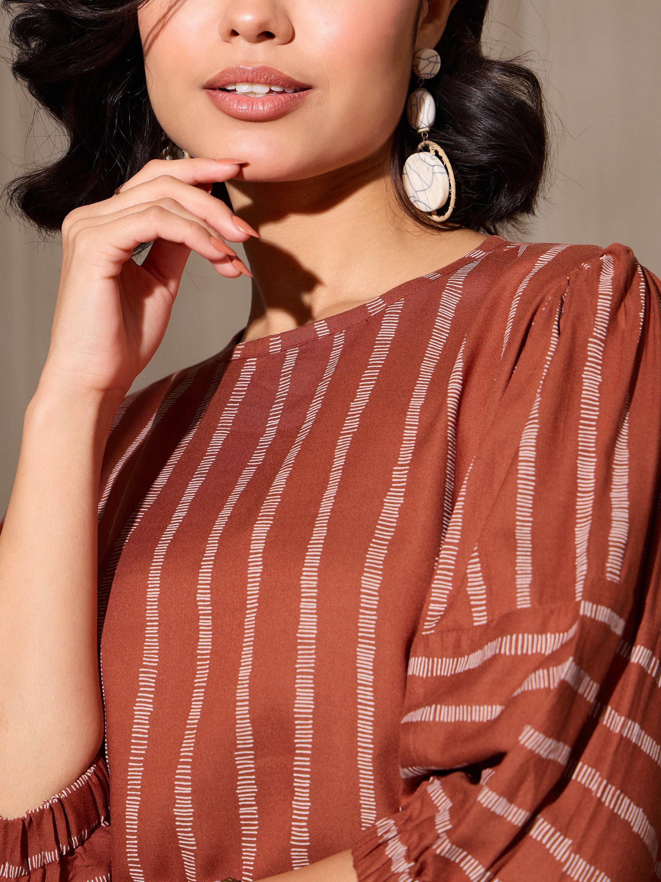 Women's Rust Stripes Print Top With Pants