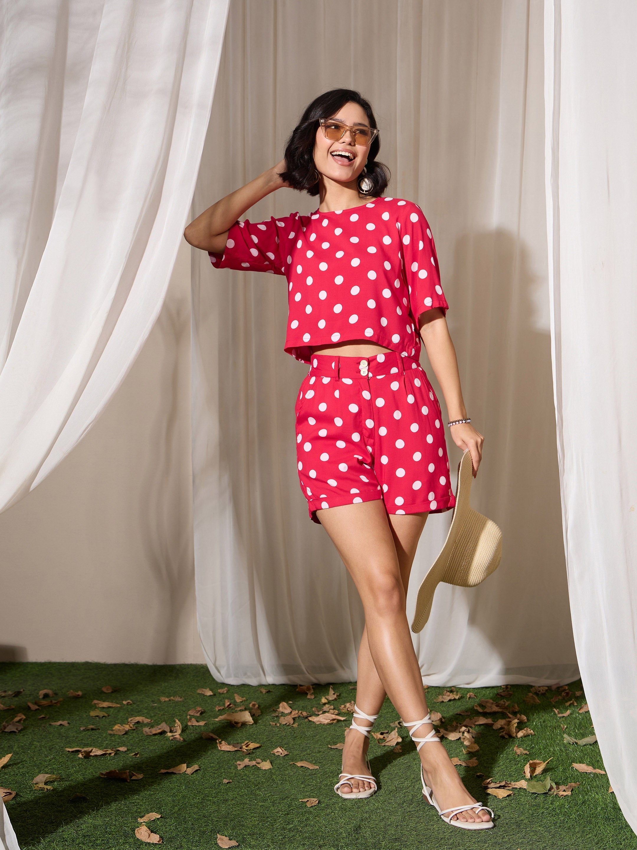 Women's Red Polka Dot Crop Top With Hem Fold Shorts