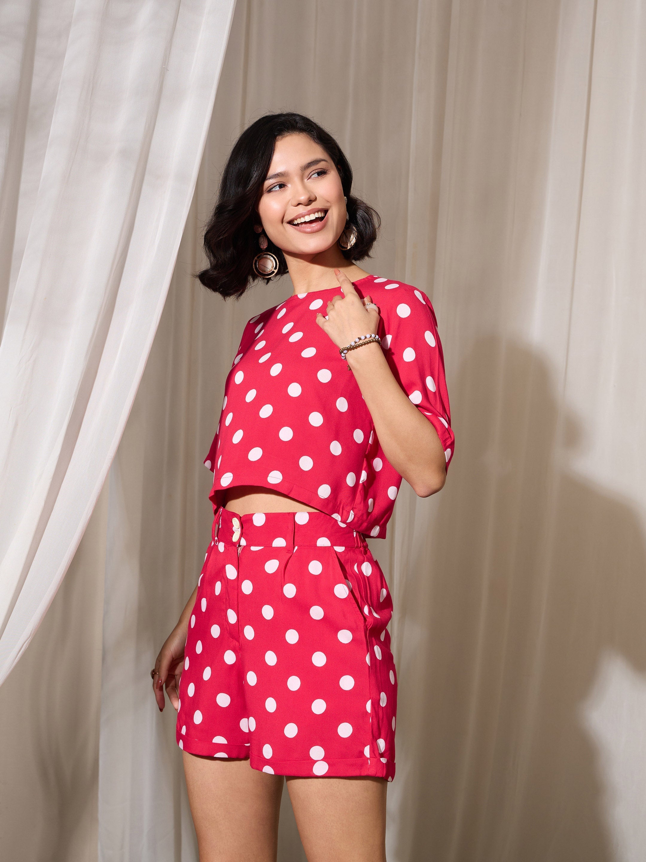 Women's Red Polka Dot Crop Top With Hem Fold Shorts
