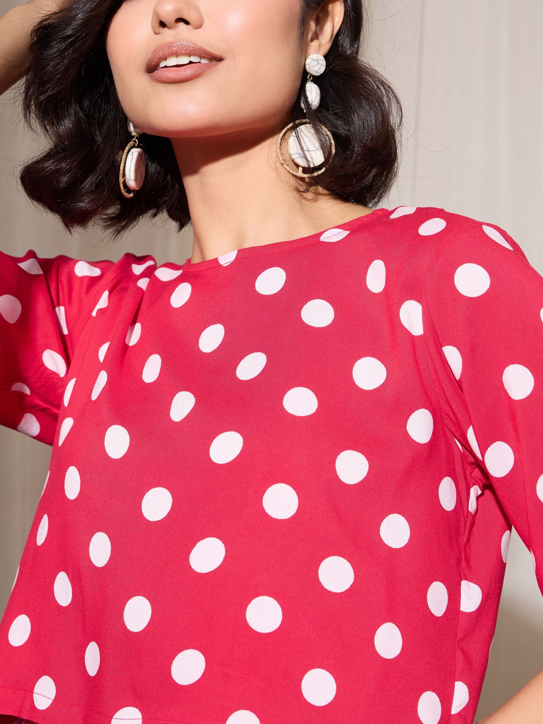 Women's Red Polka Dot Crop Top With Hem Fold Shorts
