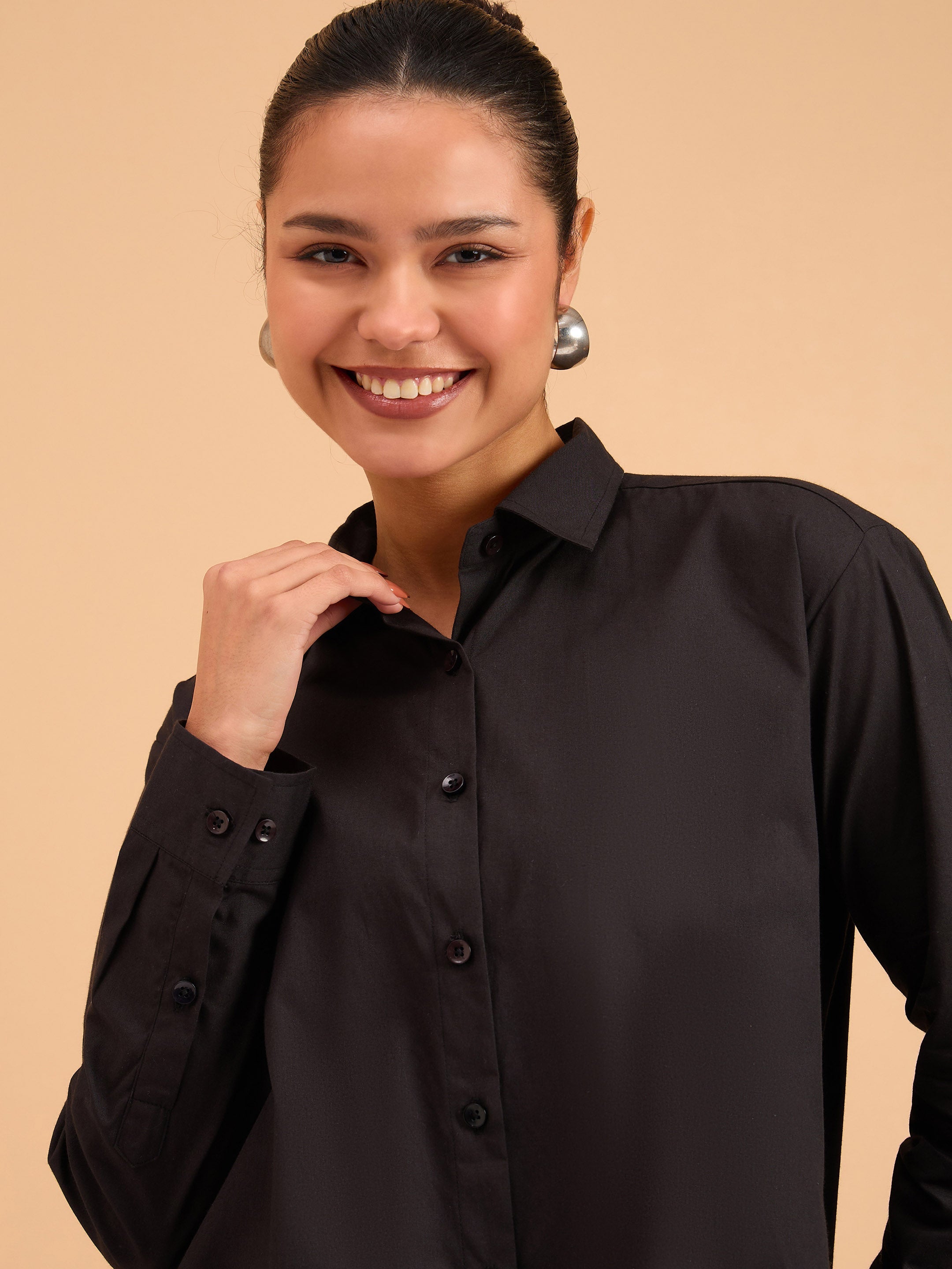 Women's Black Poplin Oversized Shirt