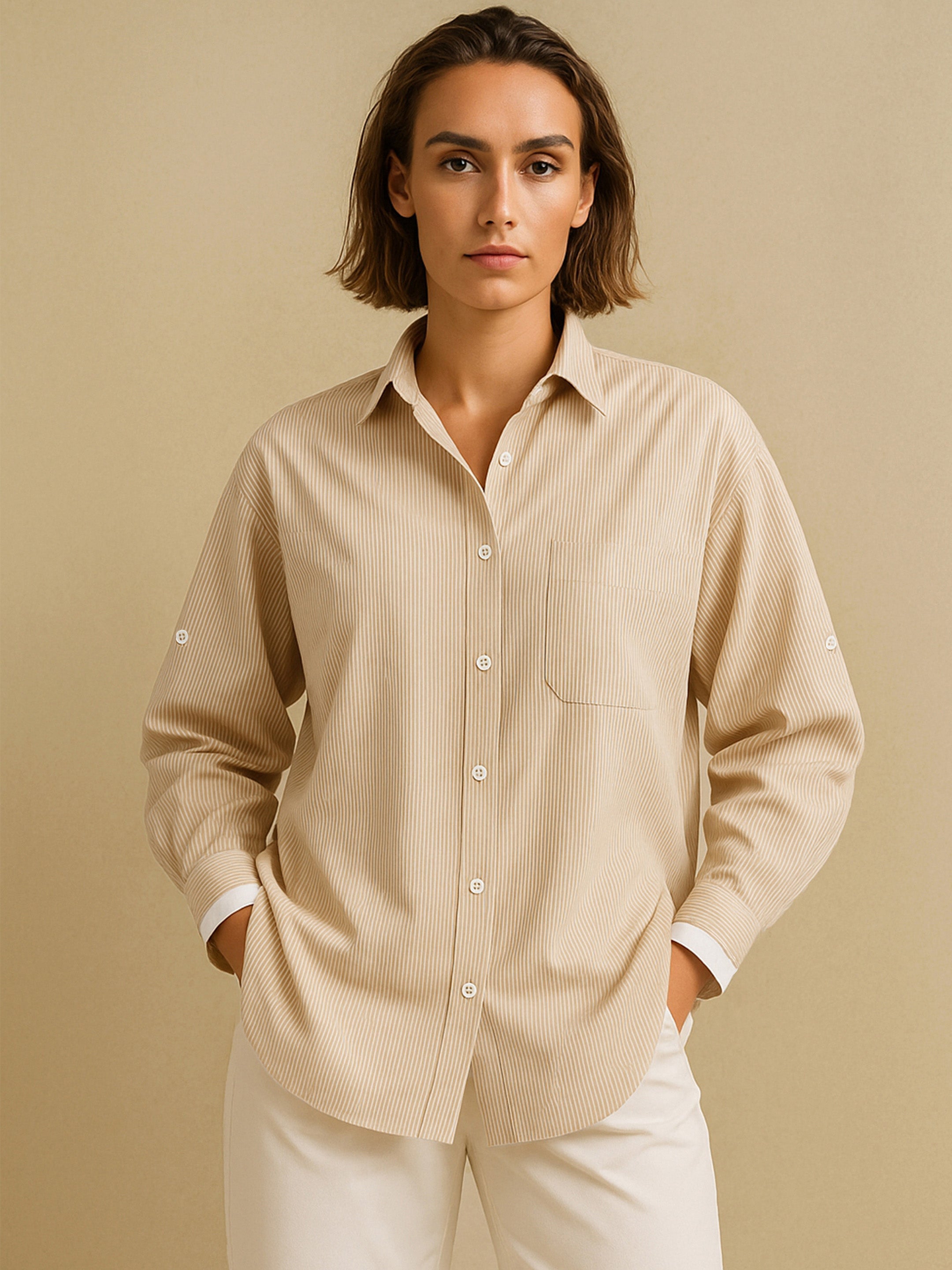 Women's Beige Striped Roll Up Sleeves Shirt