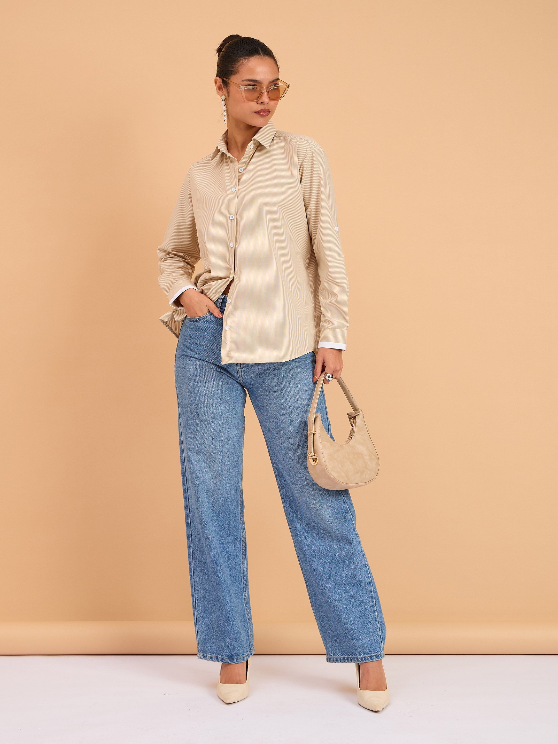 Women's Beige Striped Roll Up Sleeves Shirt
