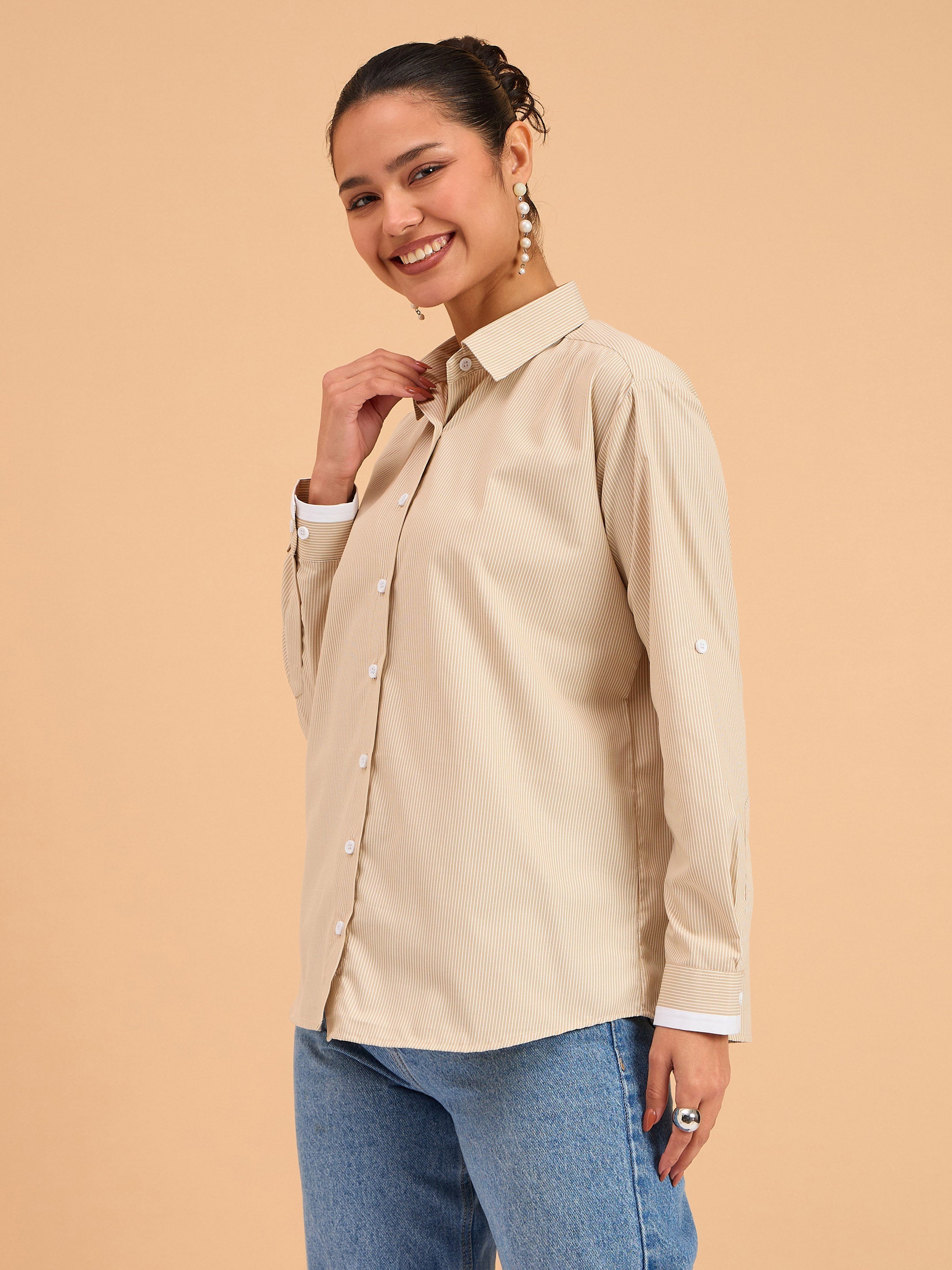 Women's Beige Striped Roll Up Sleeves Shirt