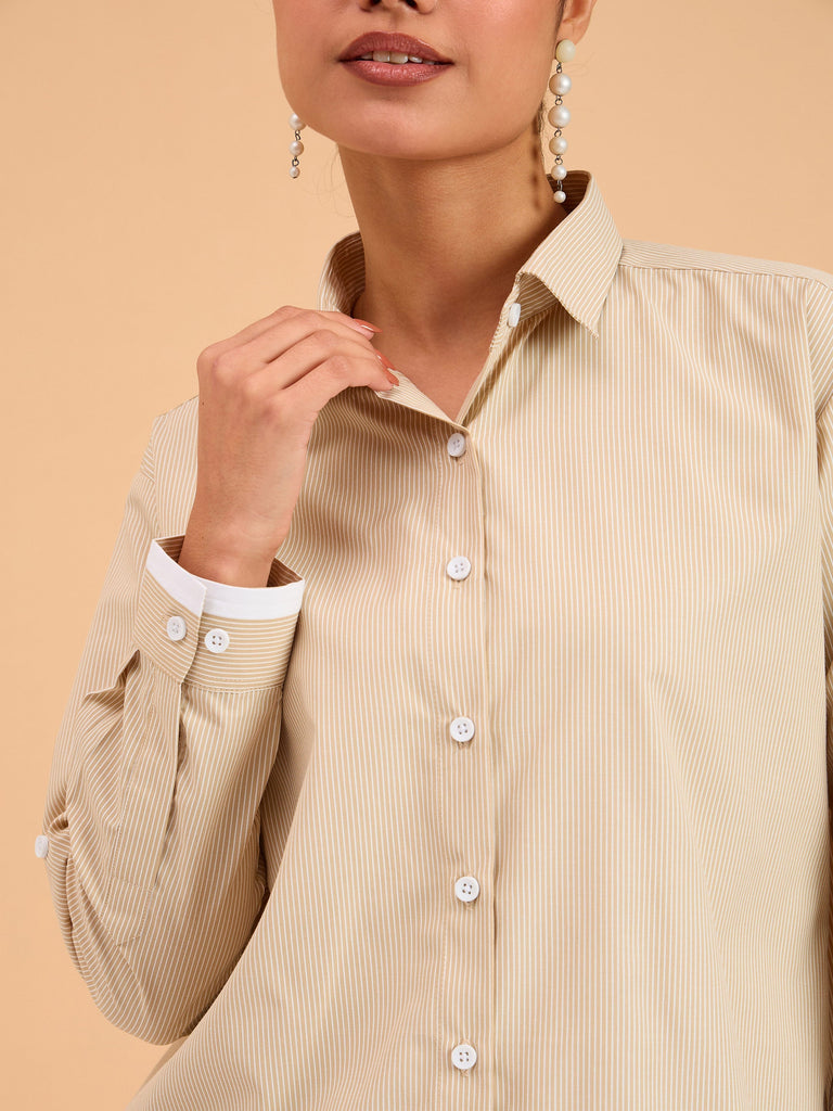 Women's Beige Striped Roll Up Sleeves Shirt
