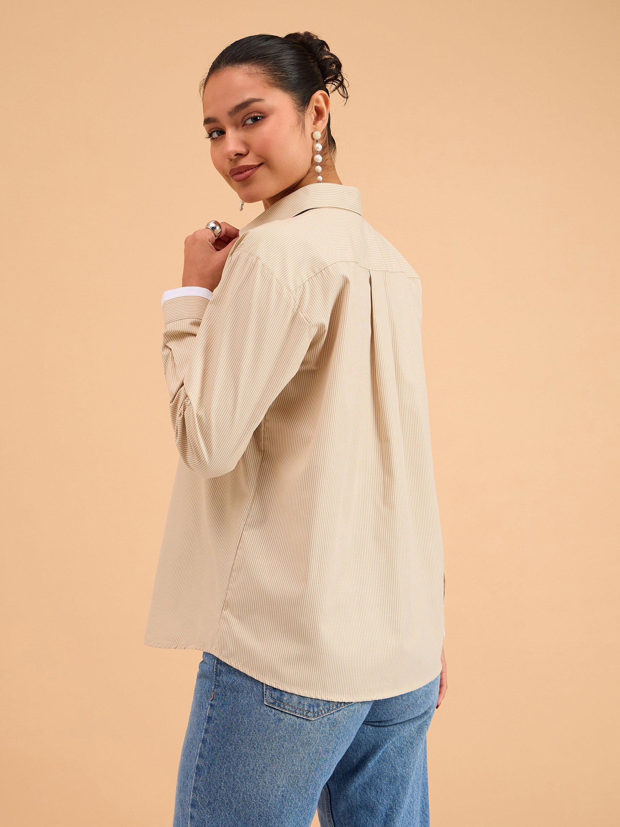 Women's Beige Striped Roll Up Sleeves Shirt
