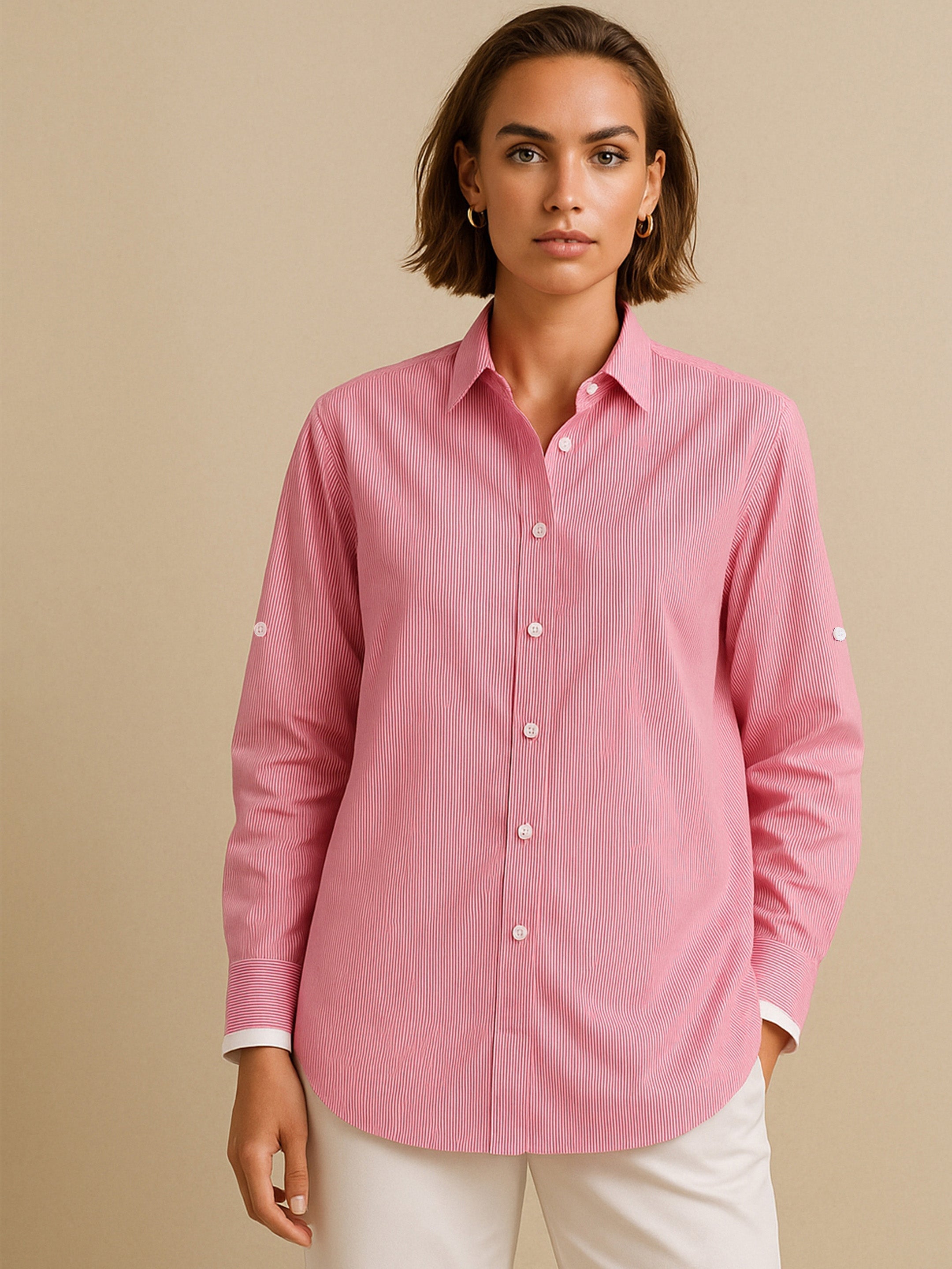 Women's Fuchsia Striped Roll Up Sleeves Shirt