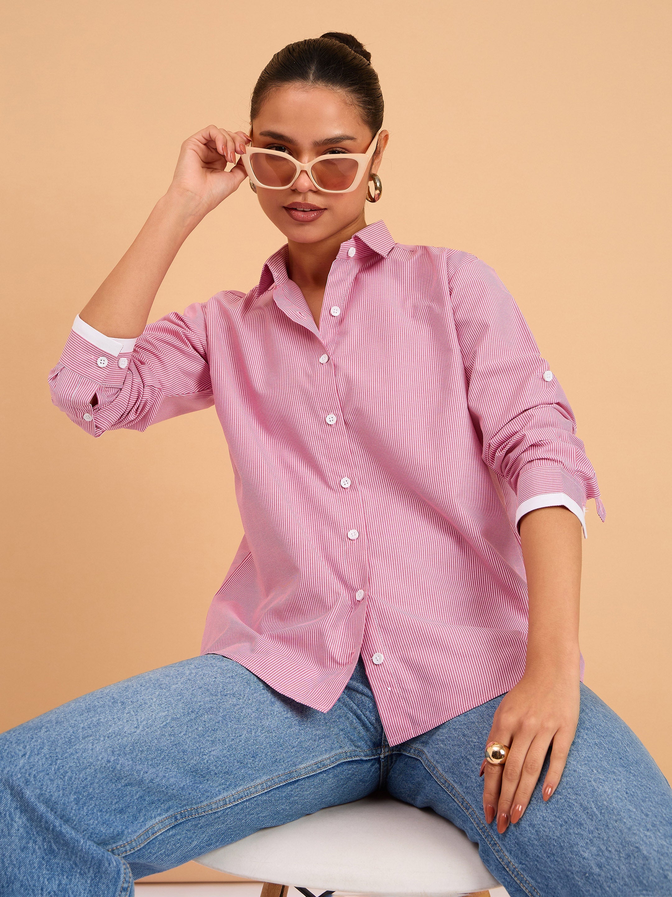 Women's Fuchsia Striped Roll Up Sleeves Shirt