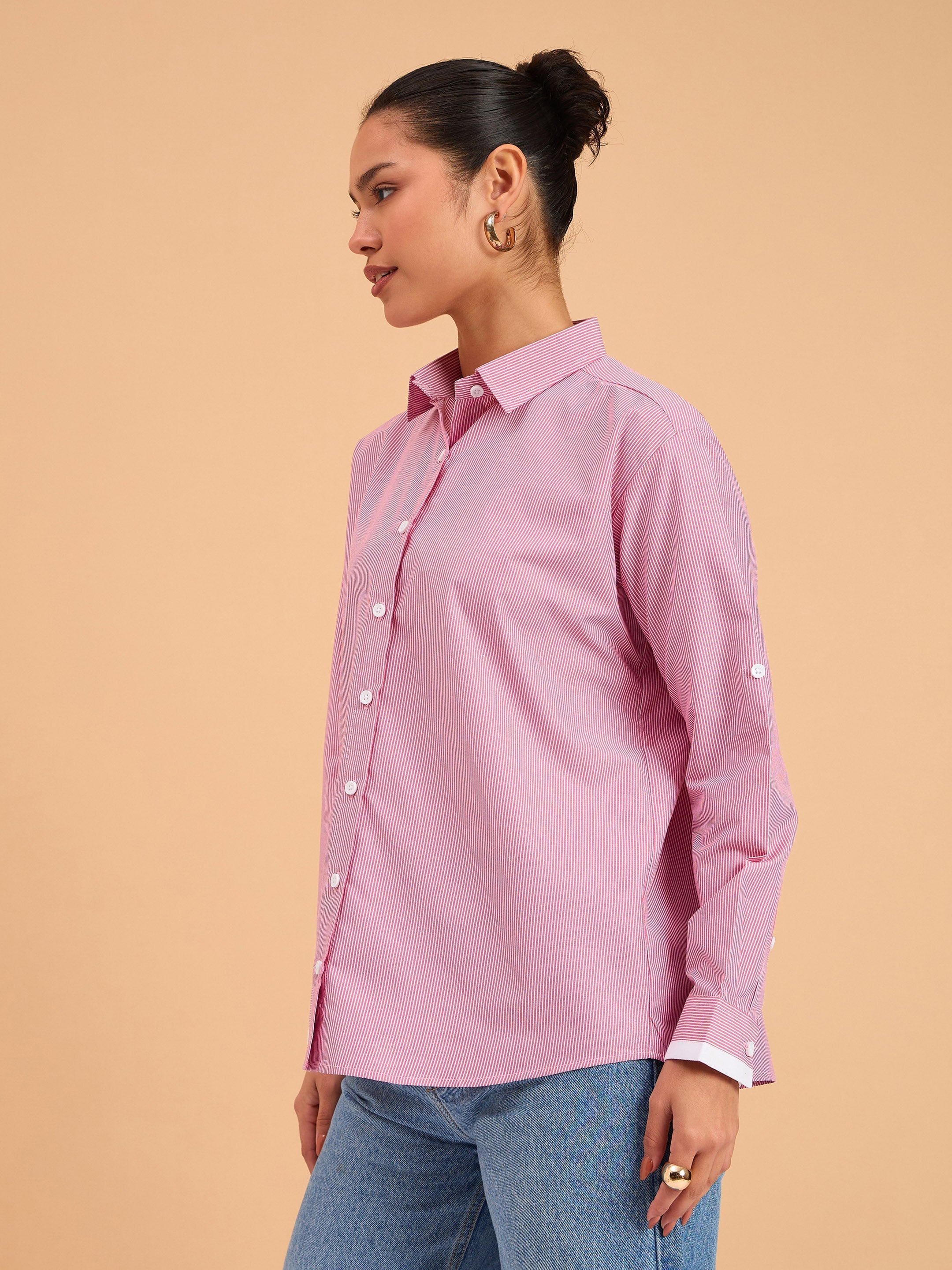 Women's Fuchsia Striped Roll Up Sleeves Shirt